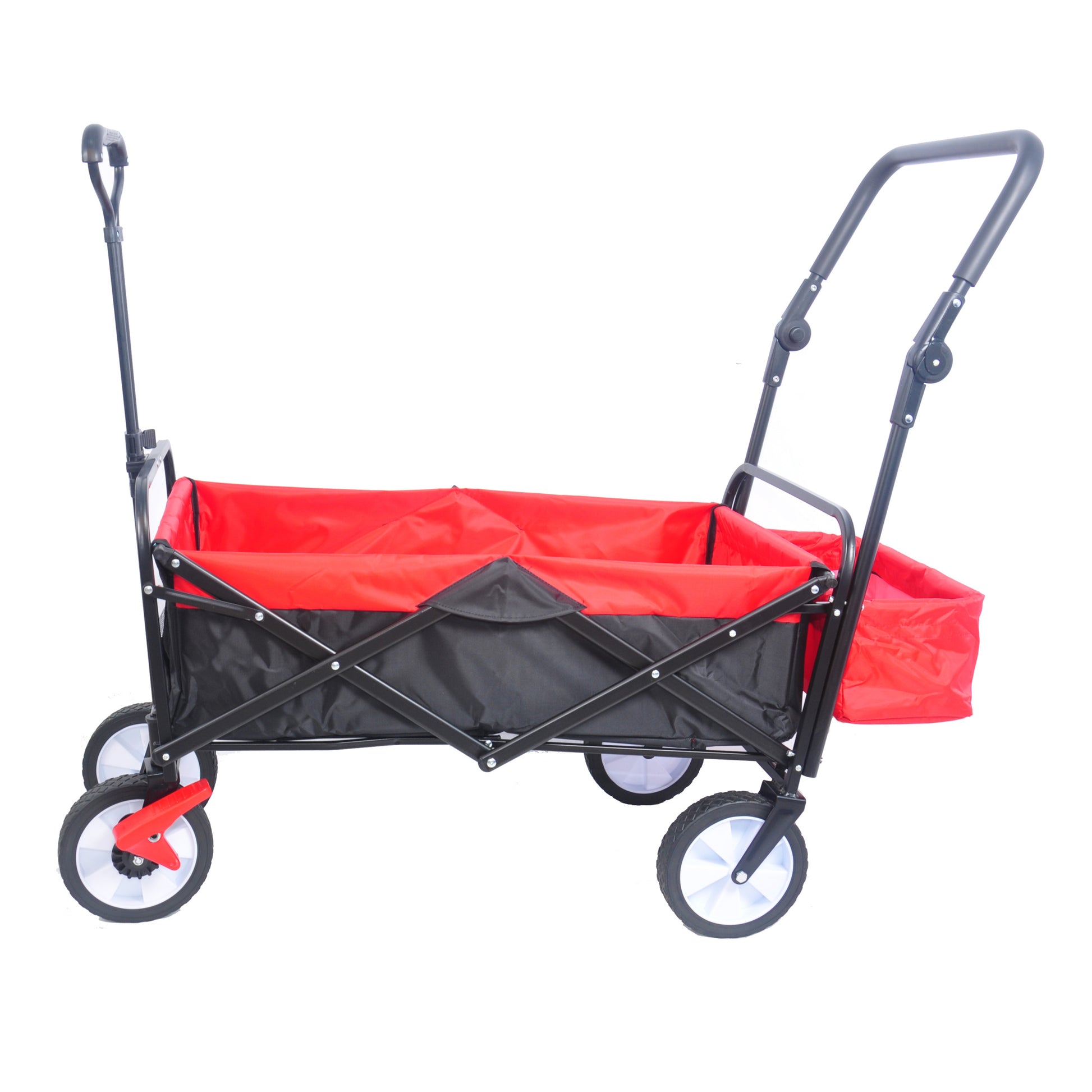 Folding Wagon Collapsible Outdoor Utility Wagon, Heavy Duty Folding Garden Portable Hand Cart, Drink Holder, Adjustable Handles Black Red Colour Black Red Abs Rubber Steel Q235