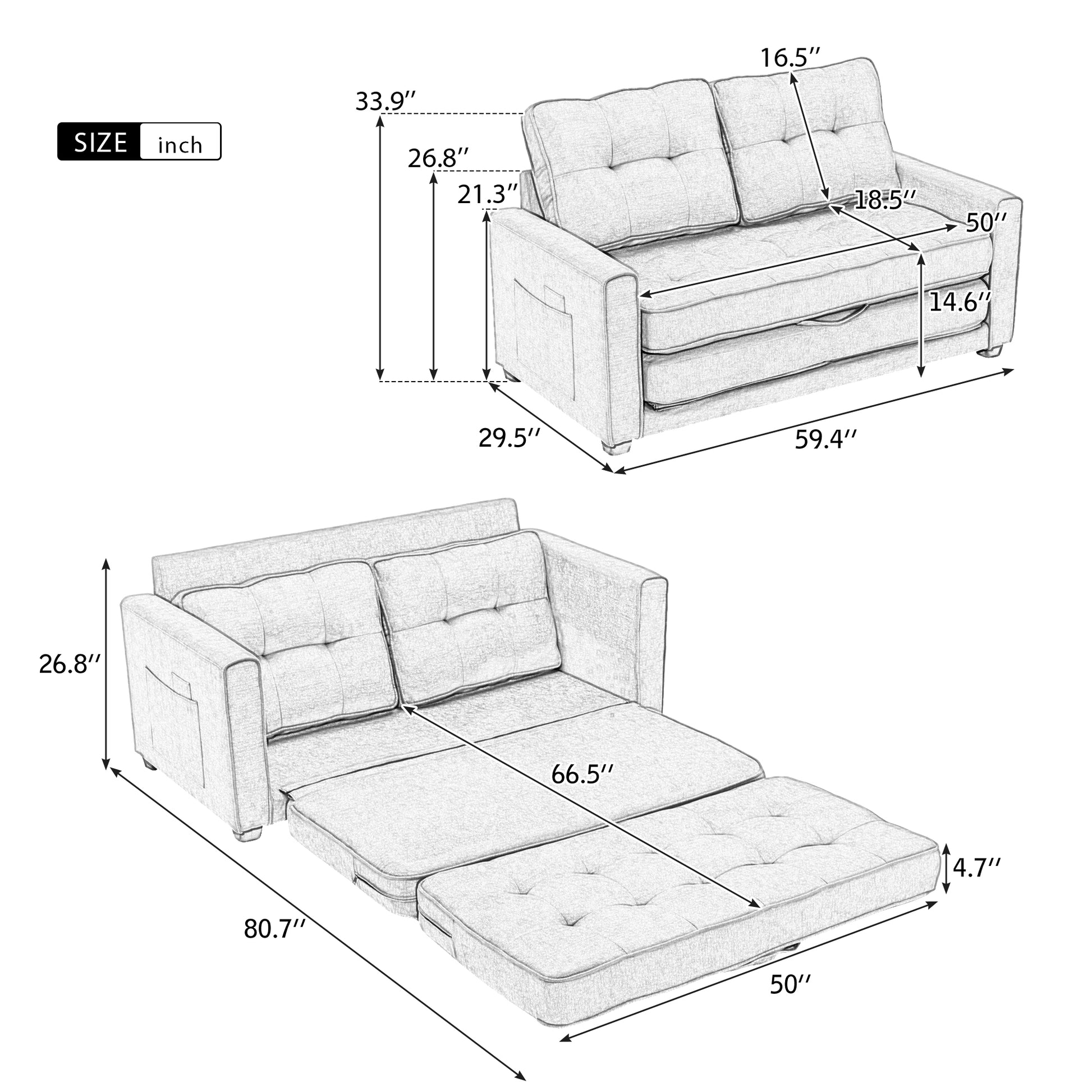 59.4" Loveseat Sofa With Pull Out Bed Modern Upholstered Couch With Side Pocket For Living Room Office, Brown Brown Chenille