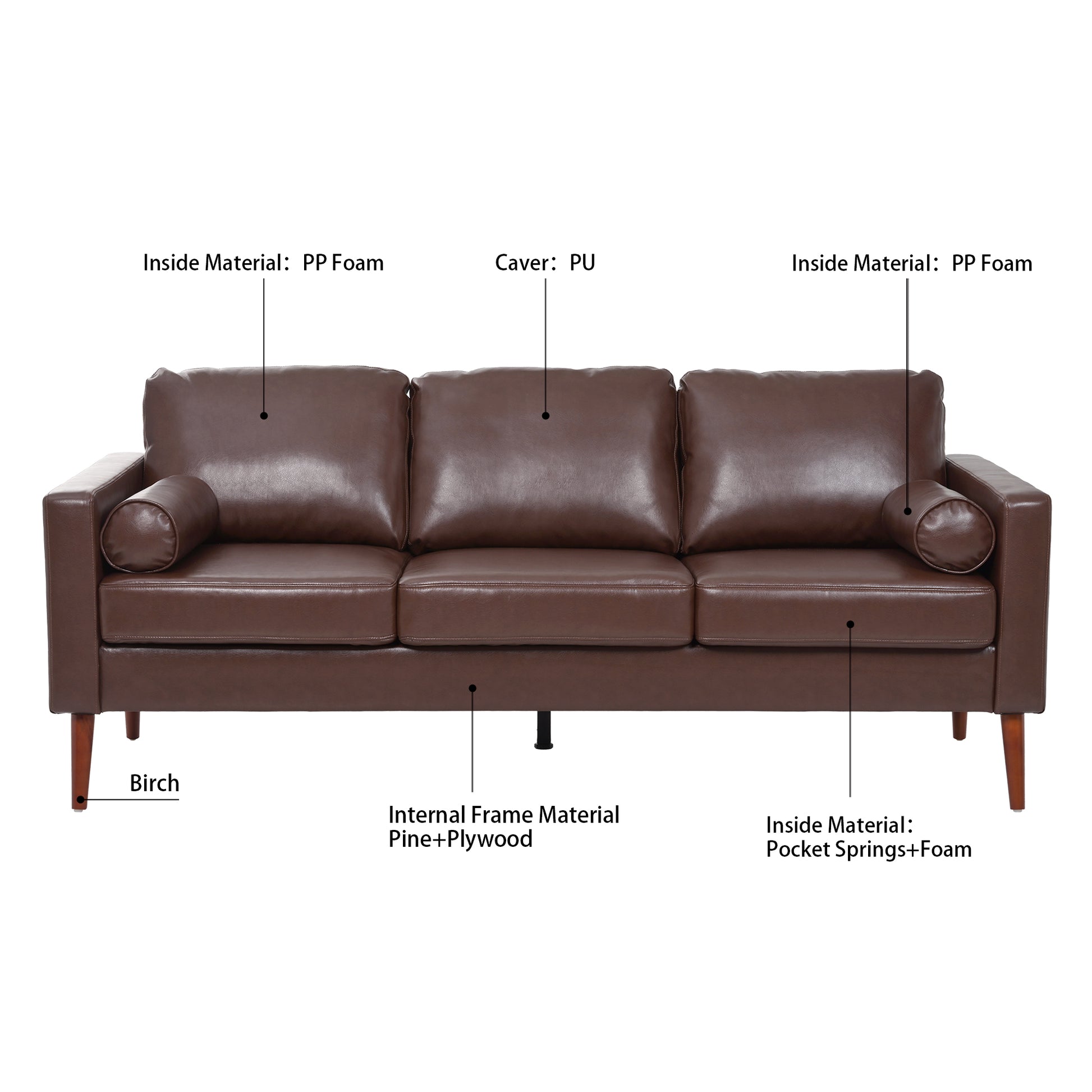 Small Sofa Couch 76.97 In . Brown 3 Seat Comfy Couches For Living Room, Mid Century Modern Couch With Iron Wood Structuresoft Cushion Sofa For Home Office Apartment Brown Foam Pu