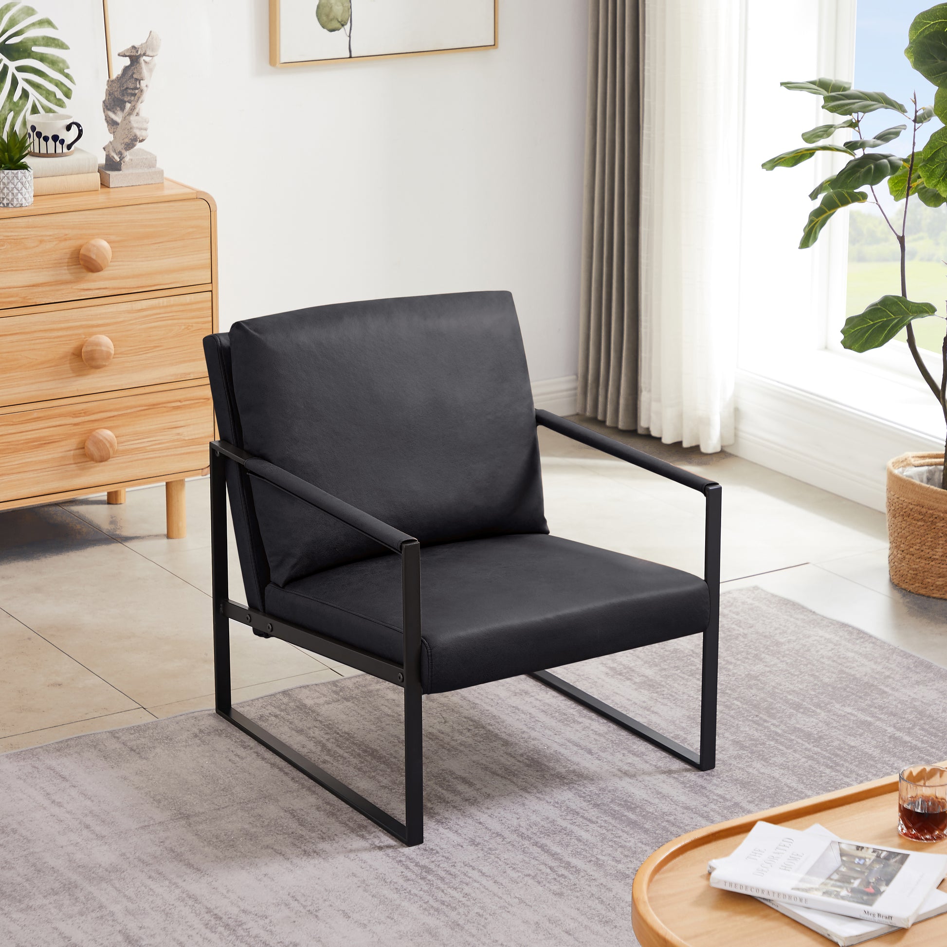 Lounge, Living Room, Office Or The Reception Area Pvc Leather Accent Arm Chair With Extra Thick Padded Backrest And Seat Cushion Sofa Chairs,Non Slip Adsorption Feet,Sturdy Metal Frame,Black Black