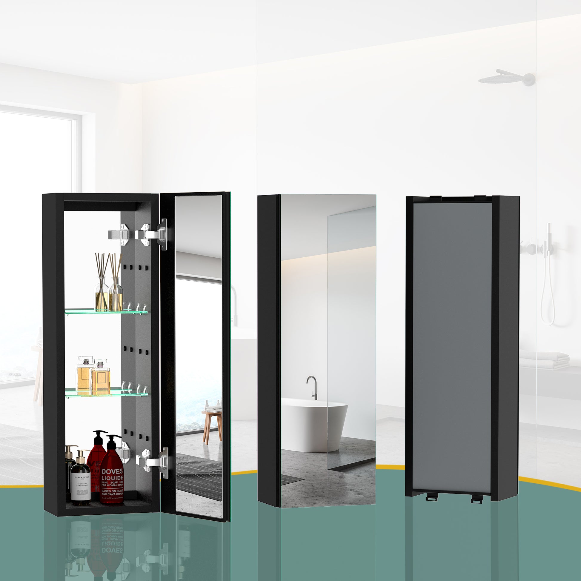 30X10 Inch Medicine Cabinets Aluminum Bathroom Medicine Cabinet Adjustable Glass Shelves Black Black Modern Aluminium