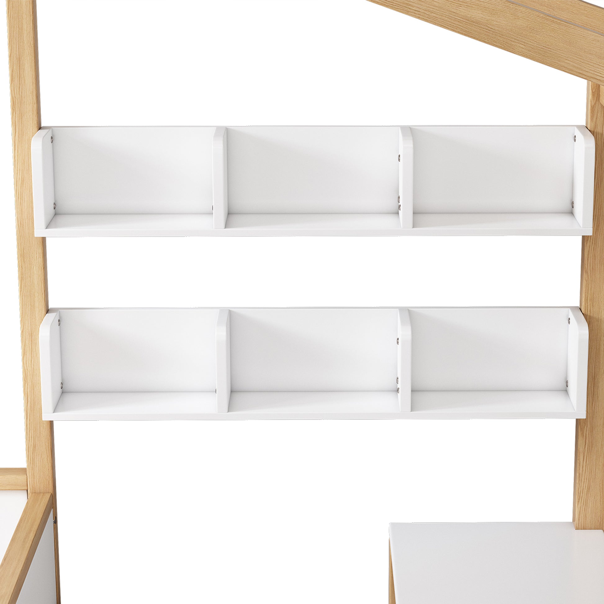 Full Size Wooden House Bed White And Original Wood Colored Frame With Drawer, Desk And Bookshelf For Children Or Guest Room White Wood