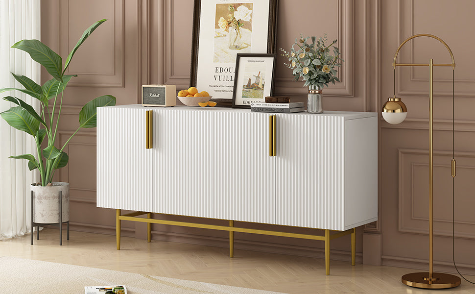 Modern Elegant 4 Door Sideboard Gold Metal Handle Buffet Cabinet For Dining Room, Living Room, Bedroom, Hallway White White Particle Board