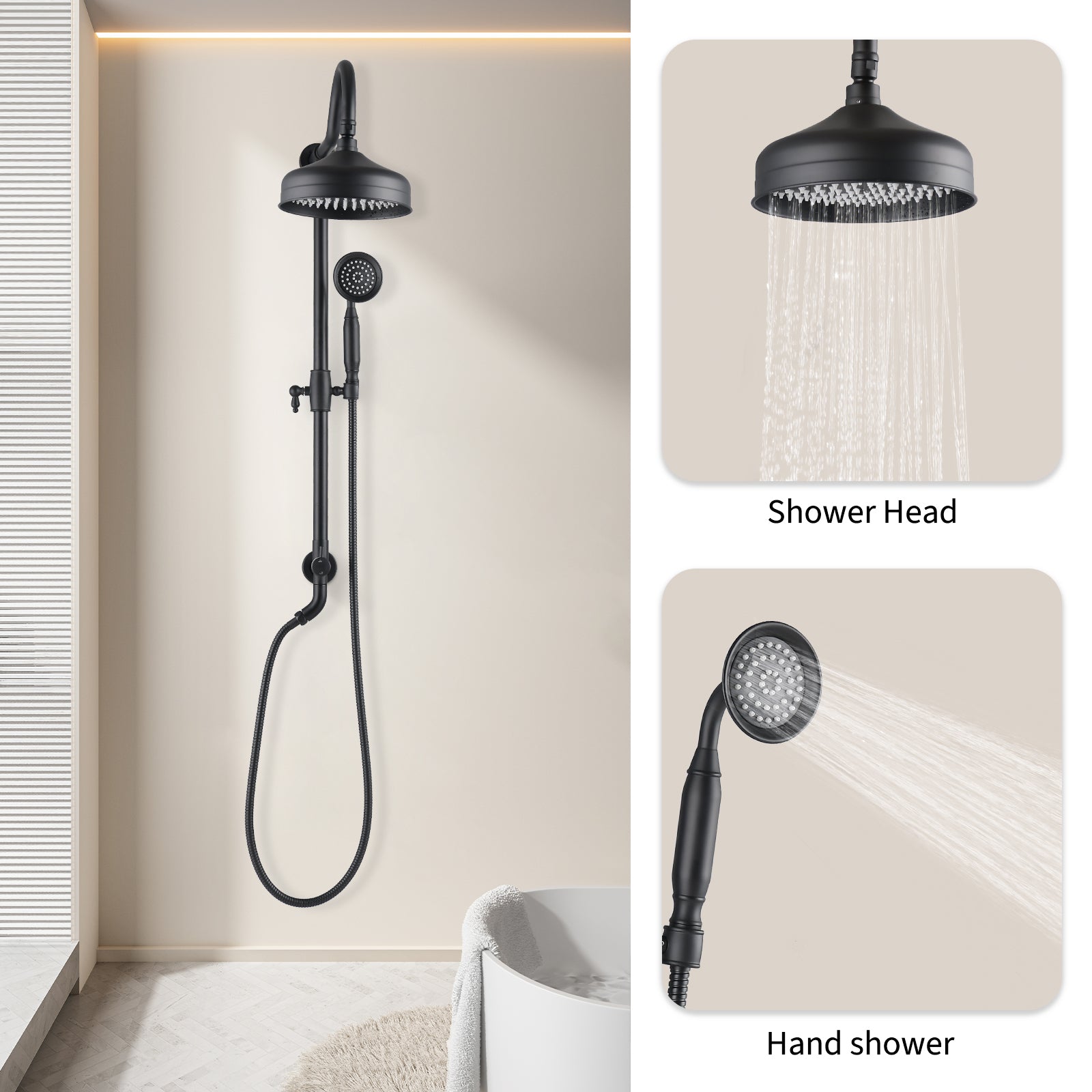 Shower Head With Handheld Shower System With 8" Rainfall Shower Head, Dual Shower Combo Matte Black Brass