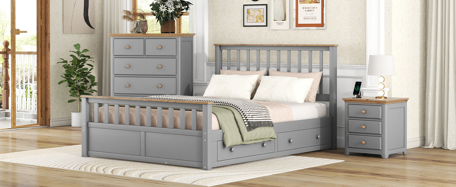 3 Pieces Bedroom Sets Queen Size Platform Bed With Nightstand Usb Charging Ports And Storage Chest,Gray Natrual Gray Solid Wood
