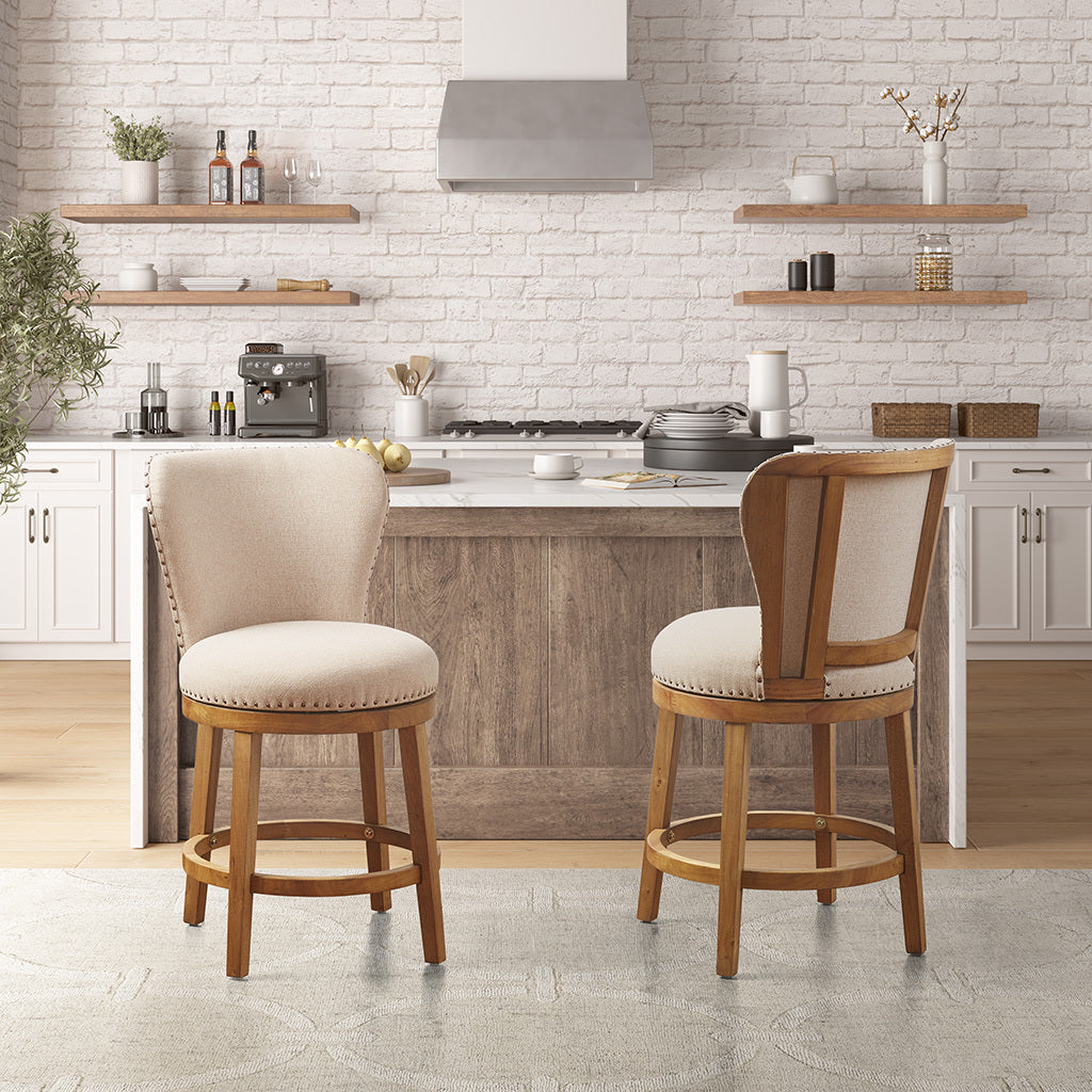 Upholstered 360 Degree Swivel Counter Stool 25" H Tan Polyester