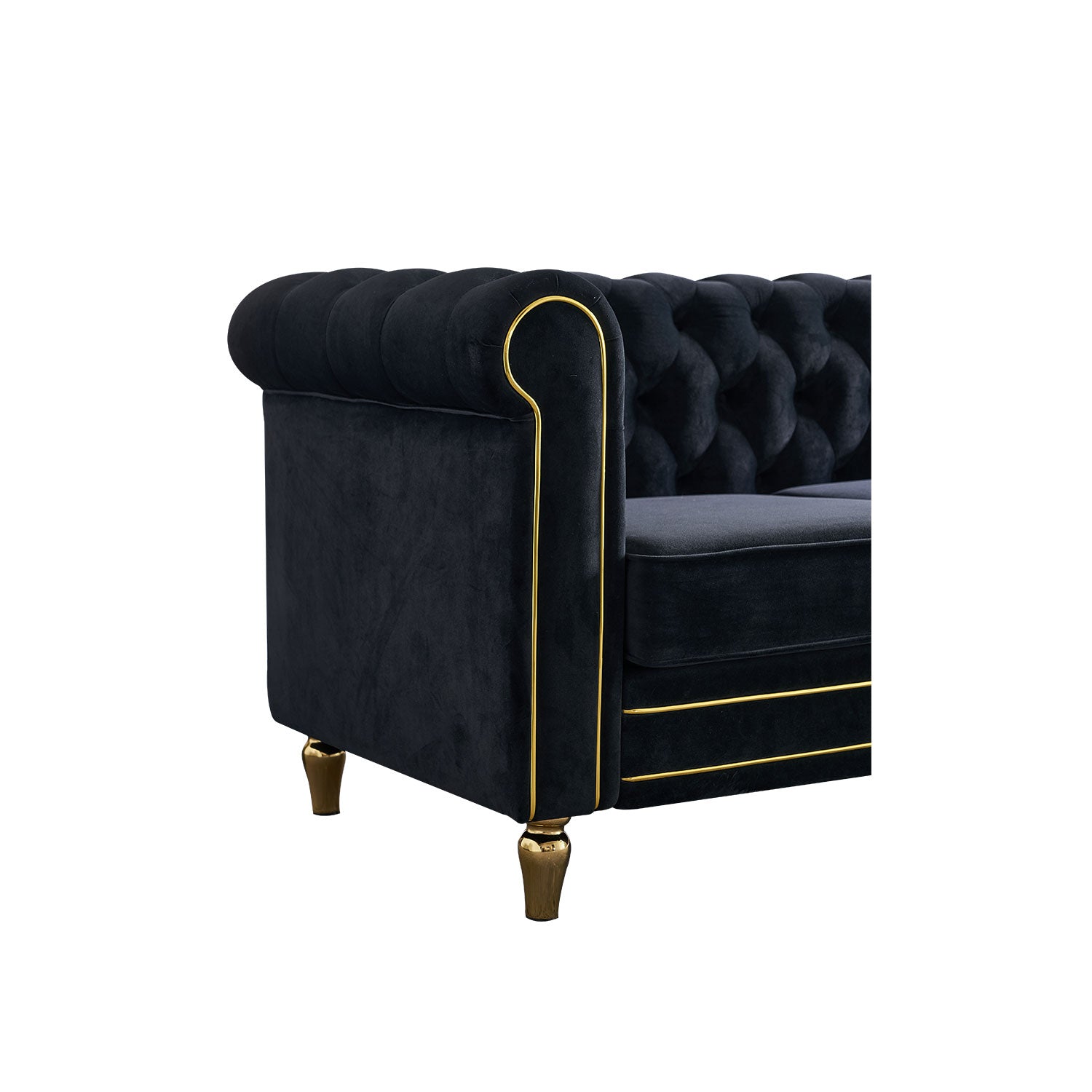 Chesterfield Velvet Sofa 84.65 Inch For Living Room Black Color Black Velvet Wood Tufted Back Mid Century Modern Rolled Arms Foam Velvet 3 Seat