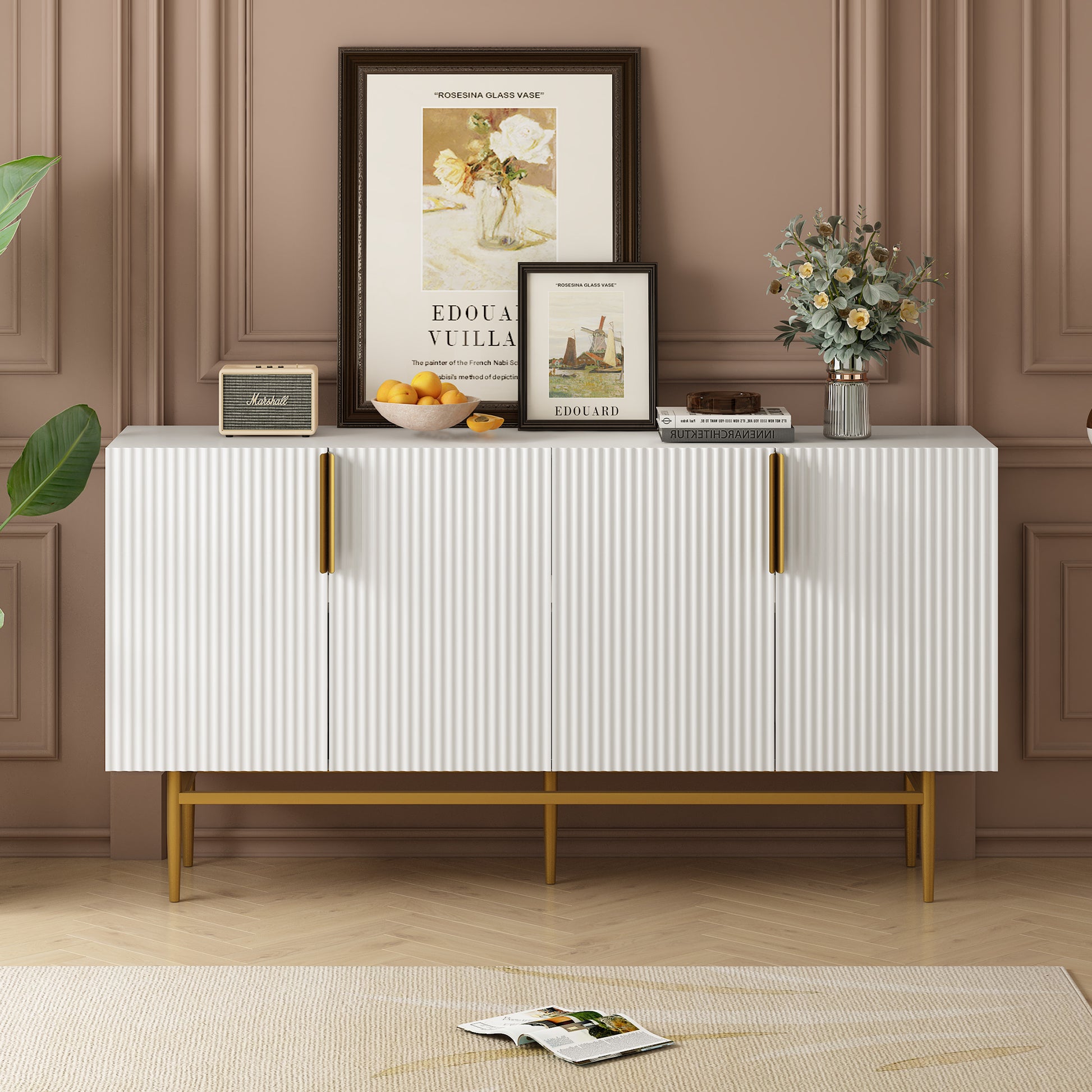 Modern Elegant 4 Door Sideboard Gold Metal Handle Buffet Cabinet For Dining Room, Living Room, Bedroom, Hallway White White Particle Board