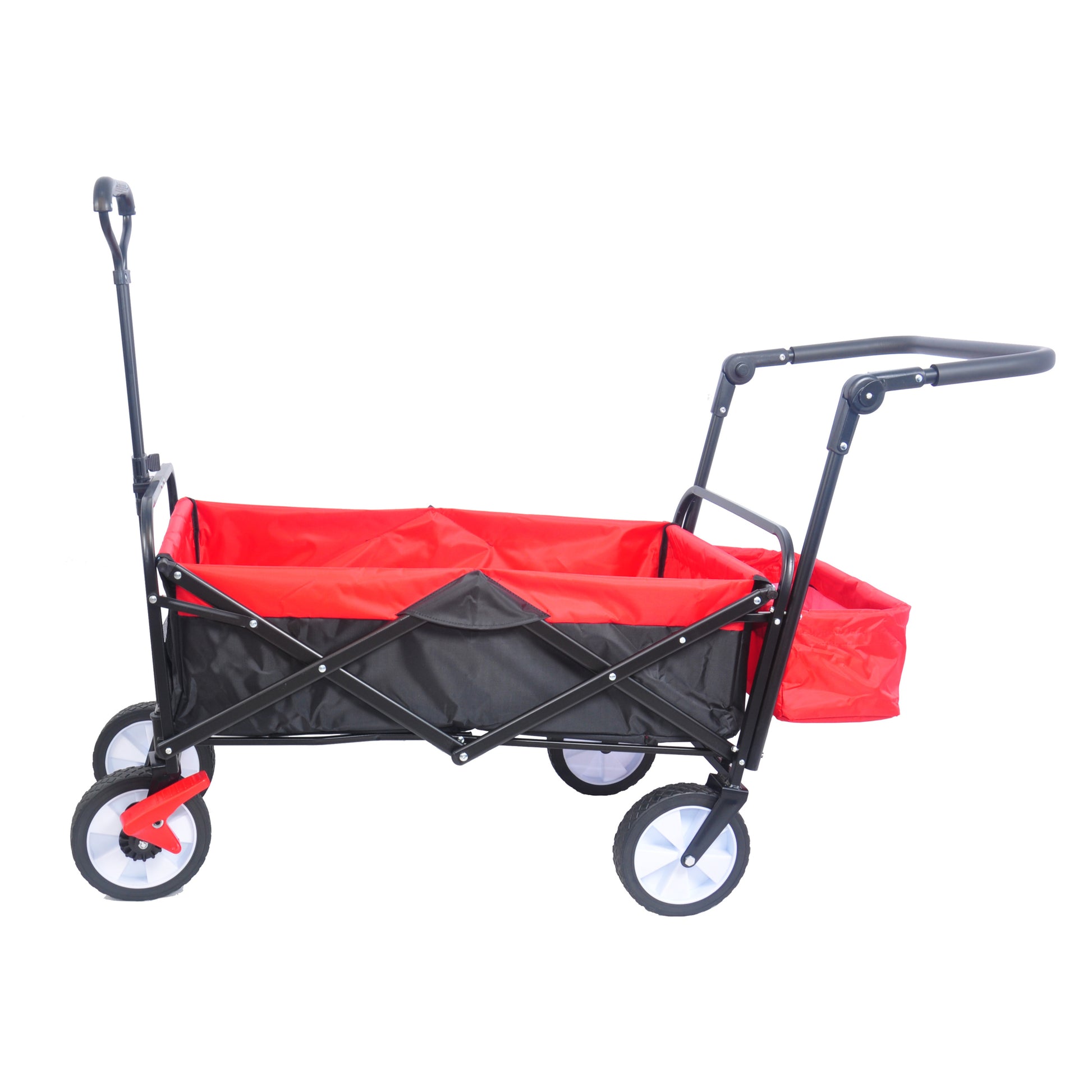 Folding Wagon Collapsible Outdoor Utility Wagon, Heavy Duty Folding Garden Portable Hand Cart, Drink Holder, Adjustable Handles Black Red Colour Black Red Abs Rubber Steel Q235