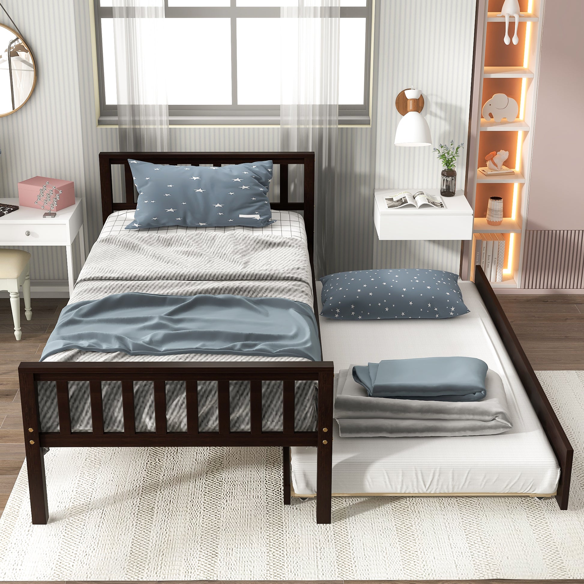 Twin Bed With Trundle, Platform Bed Frame With Headboard And Footboard, For Bedroom Small Living Space,No Box Spring Needed,Espresso Old Sku:W50440557 Twin Espresso Pine