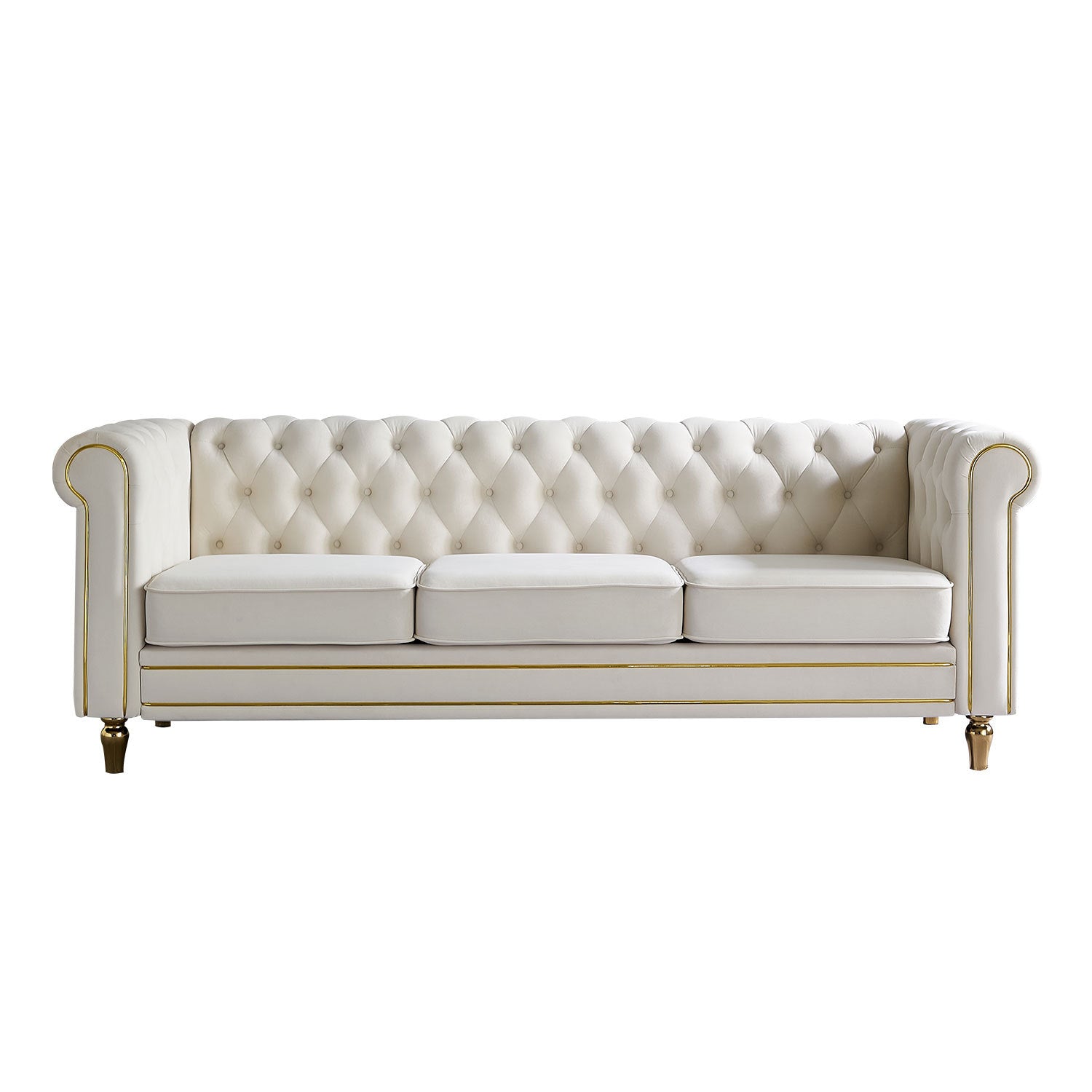 Chesterfield Velvet Sofa 84.65 Inch For Living Room Beige Color Beige Foam Velvet