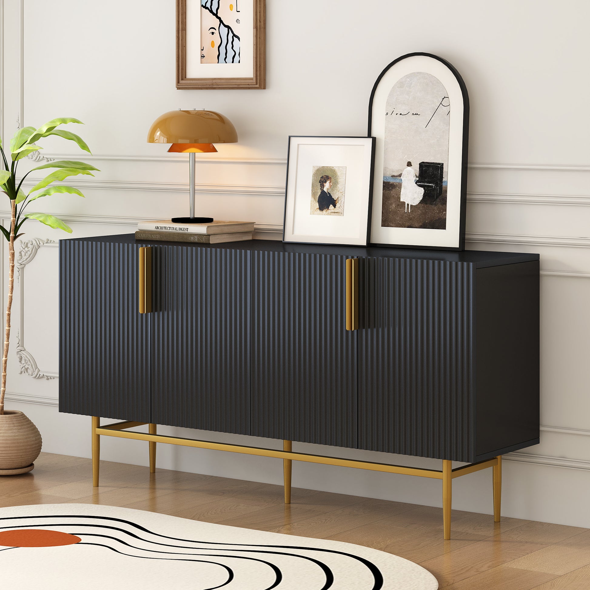 Modern Elegant 4 Door Sideboard Gold Metal Handle Buffet Cabinet For Dining Room, Living Room, Bedroom, Hallway Black Black Particle Board