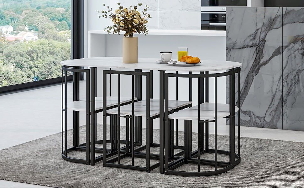 Modern 7 Piece Dining Table Set With Faux Marble Compact 55Inch Kitchen Table Set For 6, Black White Metal White Black Seats 6 Metal Dining Room Modern Dining Table With Chair Iron