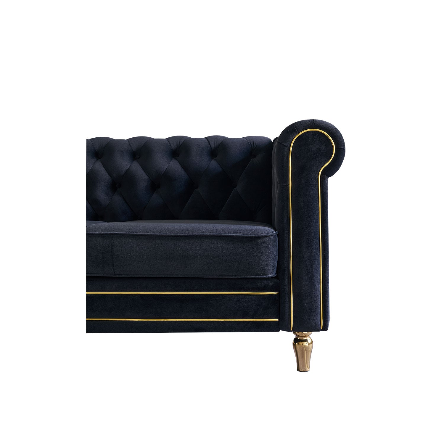 Chesterfield Velvet Sofa 84.65 Inch For Living Room Black Color Black Velvet Wood Tufted Back Mid Century Modern Rolled Arms Foam Velvet 3 Seat