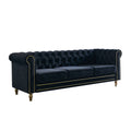 Chesterfield Velvet Sofa 84.65 Inch For Living Room Black Color Black Velvet Wood Tufted Back Mid Century Modern Rolled Arms Foam Velvet 3 Seat