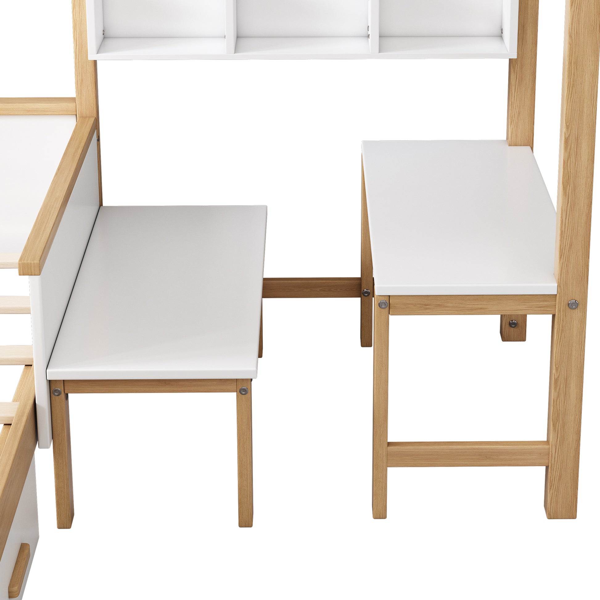 Full Size Wooden House Bed White And Original Wood Colored Frame With Drawer, Desk And Bookshelf For Children Or Guest Room White Wood