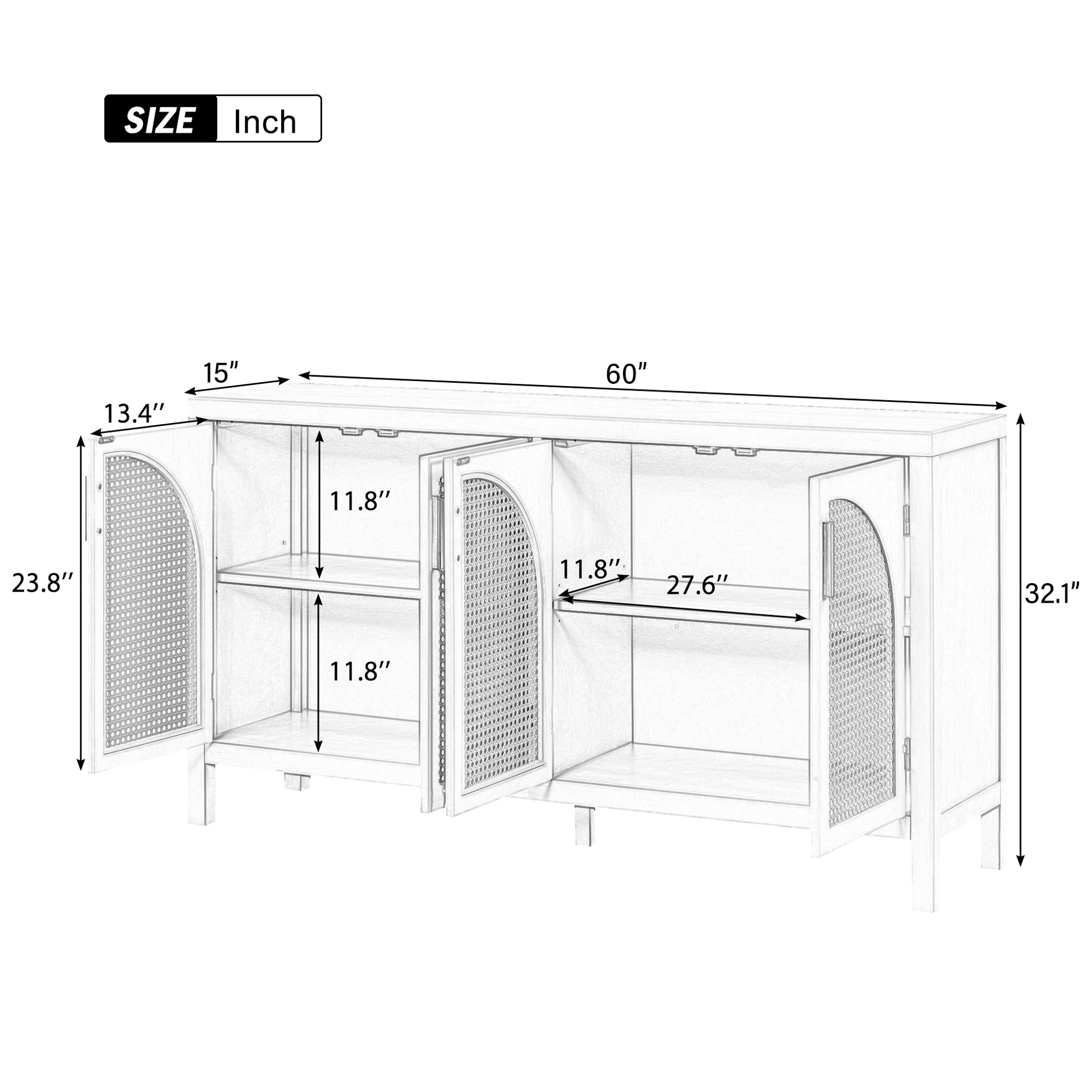 Large Storage Space Sideboard With Artificial Rattan Door And Metal Handles For Living Room And Entryway Black Black Solid Wood Mdf