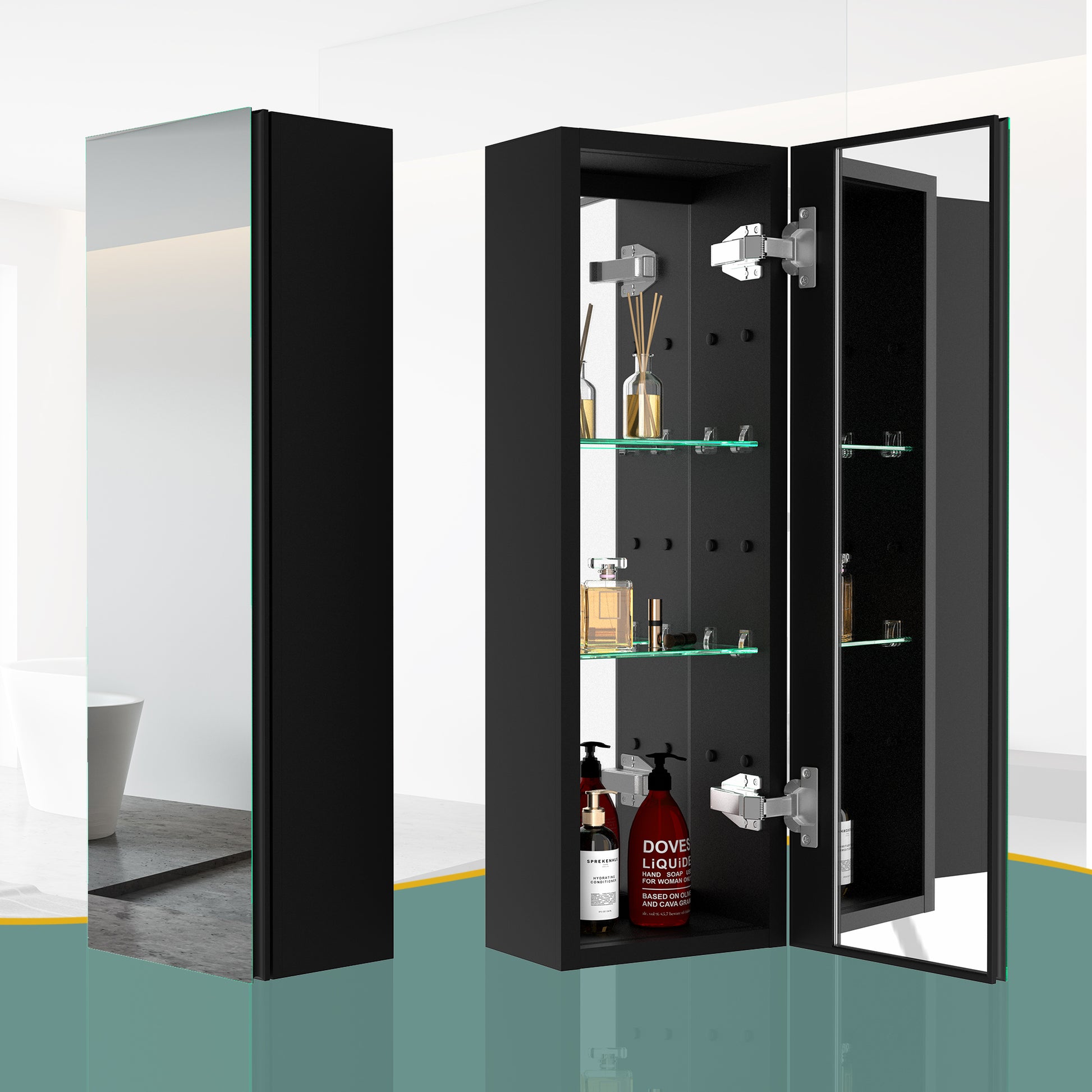 30X10 Inch Medicine Cabinets Aluminum Bathroom Medicine Cabinet Adjustable Glass Shelves Black Black Modern Aluminium