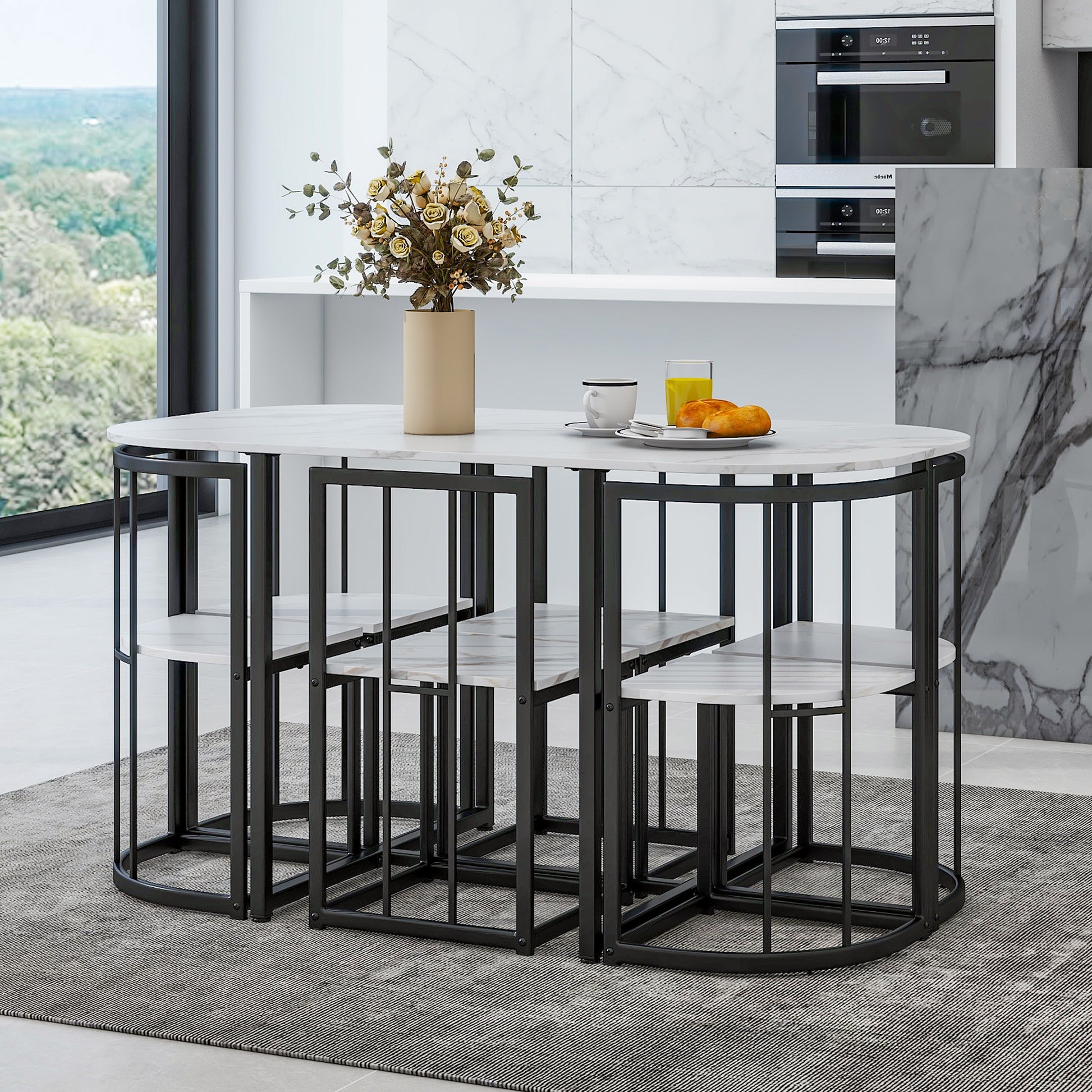 Modern 7 Piece Dining Table Set With Faux Marble Compact 55Inch Kitchen Table Set For 6, Black White Metal White Black Seats 6 Metal Dining Room Modern Dining Table With Chair Iron
