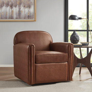 Faux Leather 360 Degree Swivel Arm Chair Brown Polyester