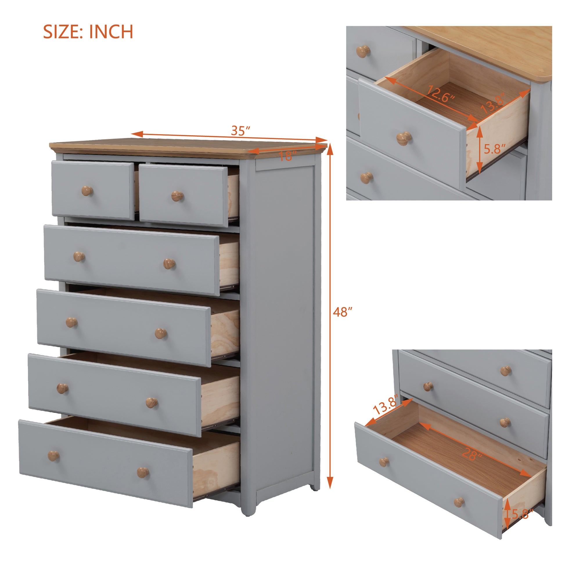 Rustic Wooden Chest With 6 Drawers,Storage Cabinet For Bedroom,Gray Natrual Gray Wood