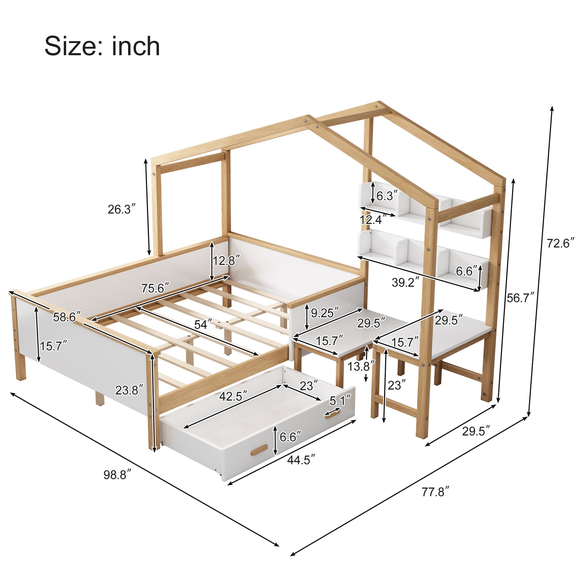 Full Size Wooden House Bed White And Original Wood Colored Frame With Drawer, Desk And Bookshelf For Children Or Guest Room White Wood