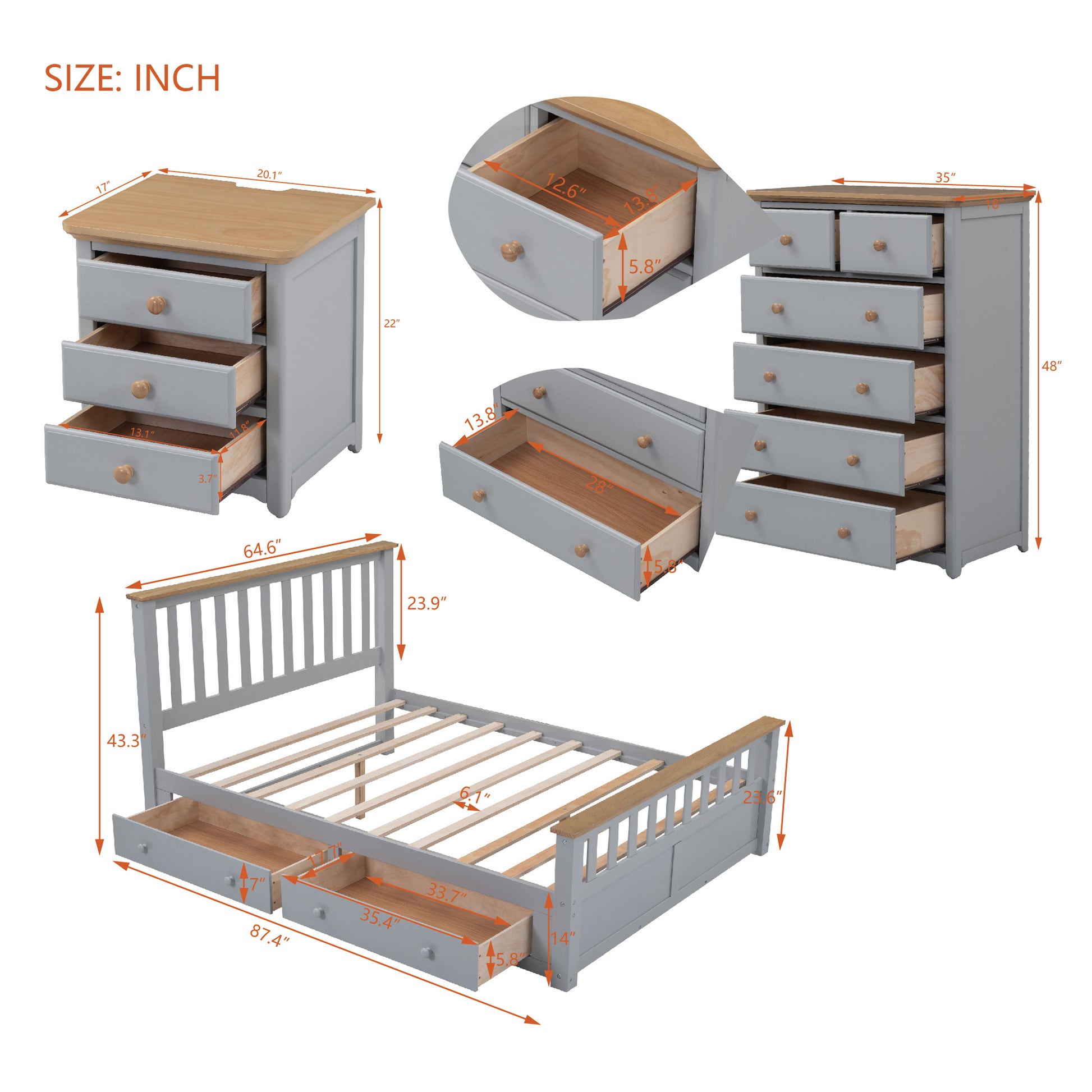 3 Pieces Bedroom Sets Queen Size Platform Bed With Nightstand Usb Charging Ports And Storage Chest,Gray Natrual Gray Solid Wood