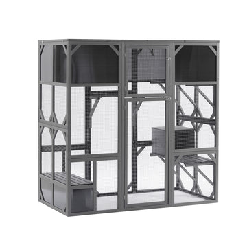 Outdoor Wooden Cat House Catio Enclosure With Super Large Enter Door Cat Kennel With Bouncy Bridge, Platforms And Small Houses Walk In Kitten Cage With Sunshine Board L67.5'', Dark Grey Gray Metal & Wood