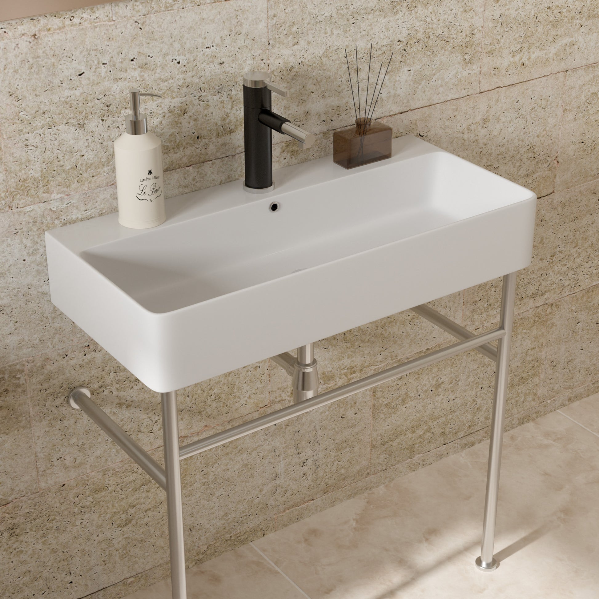 32" Bathroom Console Sink With Overflow,Ceramic Console Sink White Basin Polished Nicke Legs White Ceramic