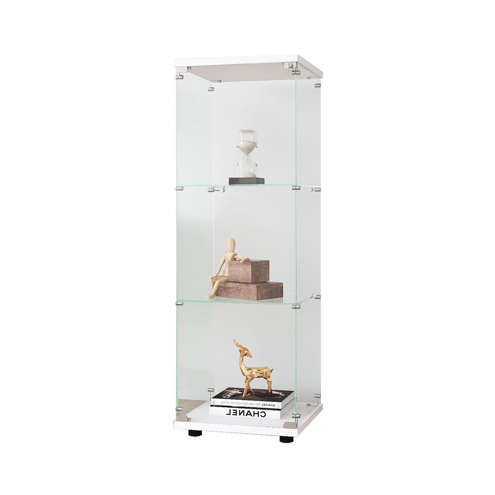 Glass Display Cabinet With 3 Shelves, One Door Curio Cabinets For Living Room, Bedroom, Office, White Floor Standing Glass Bookshelf, Quick Installation White Glass