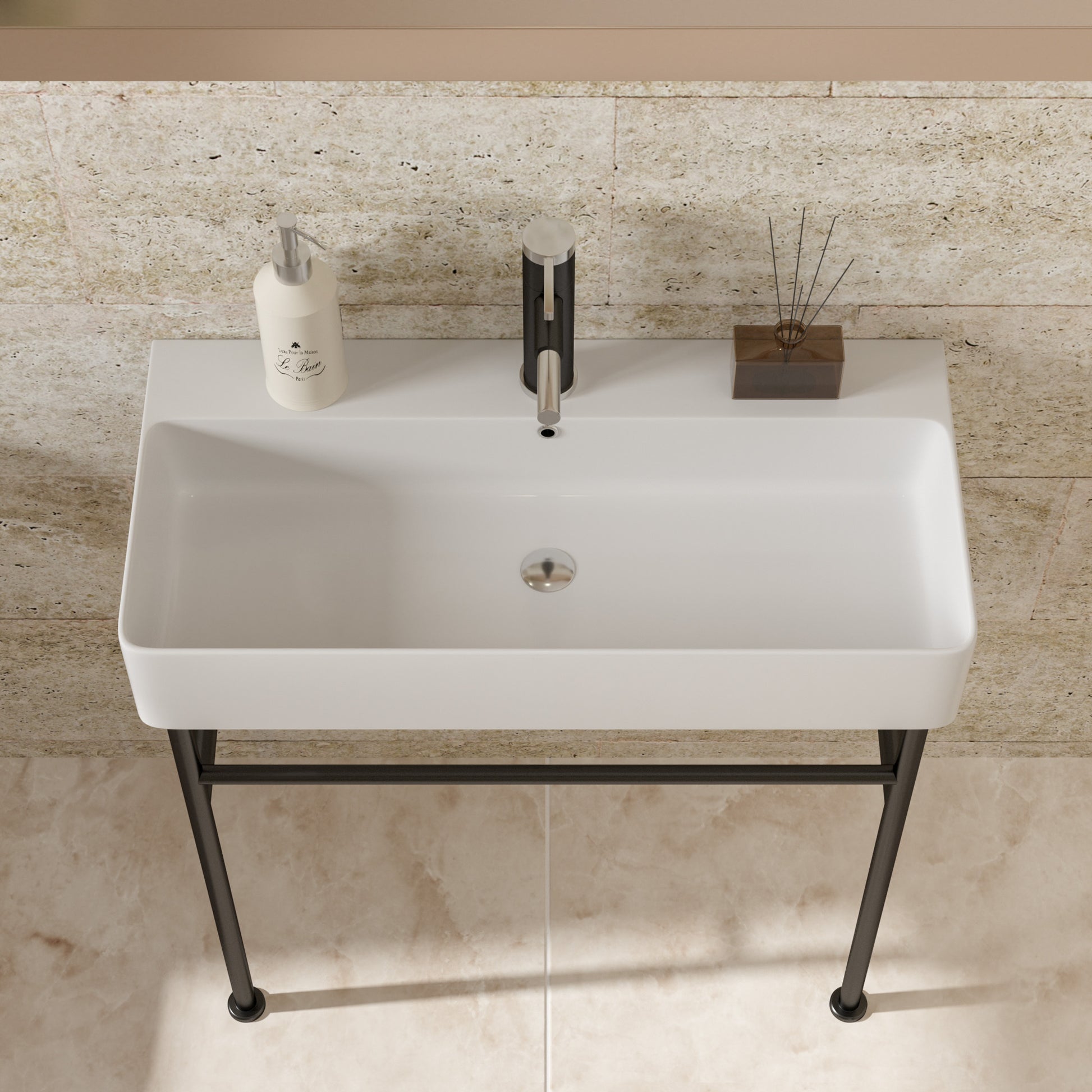 32" Bathroom Console Sink With Overflow,Ceramic Console Sink White Basin Black Legs White Ceramic