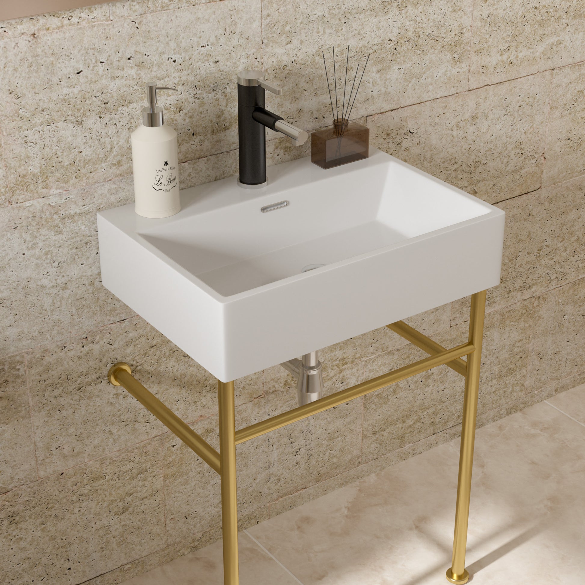 24" Bathroom Console Sink With Overflow,Ceramic Console Sink White Basin Gold Legs White Ceramic