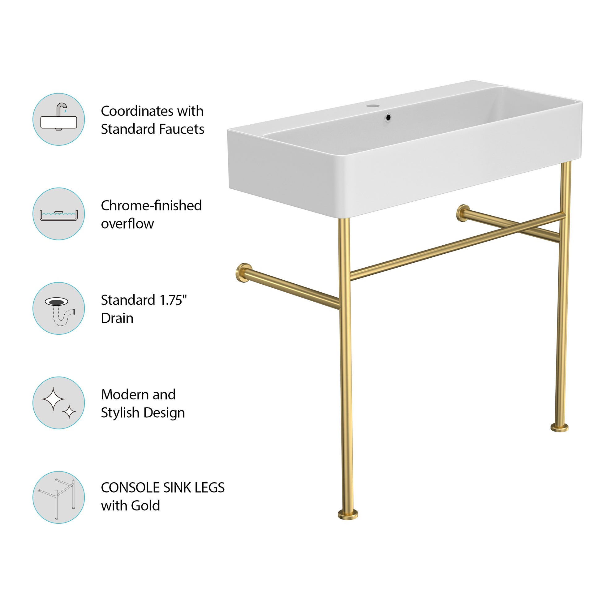 35" Bathroom Console Sink With Overflow,Ceramic Console Sink White Basin Gold Legs White Ceramic