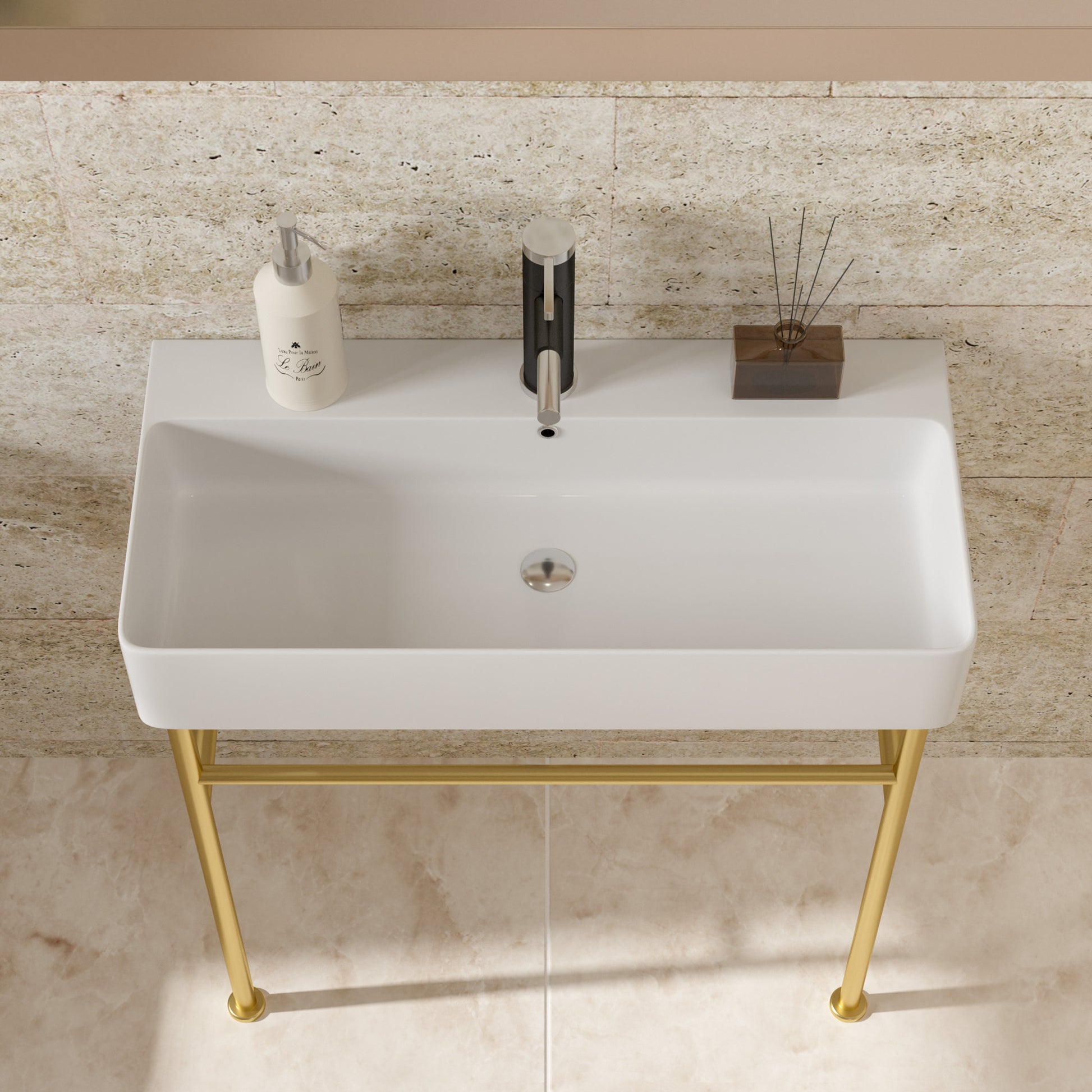 35" Bathroom Console Sink With Overflow,Ceramic Console Sink White Basin Gold Legs White Ceramic