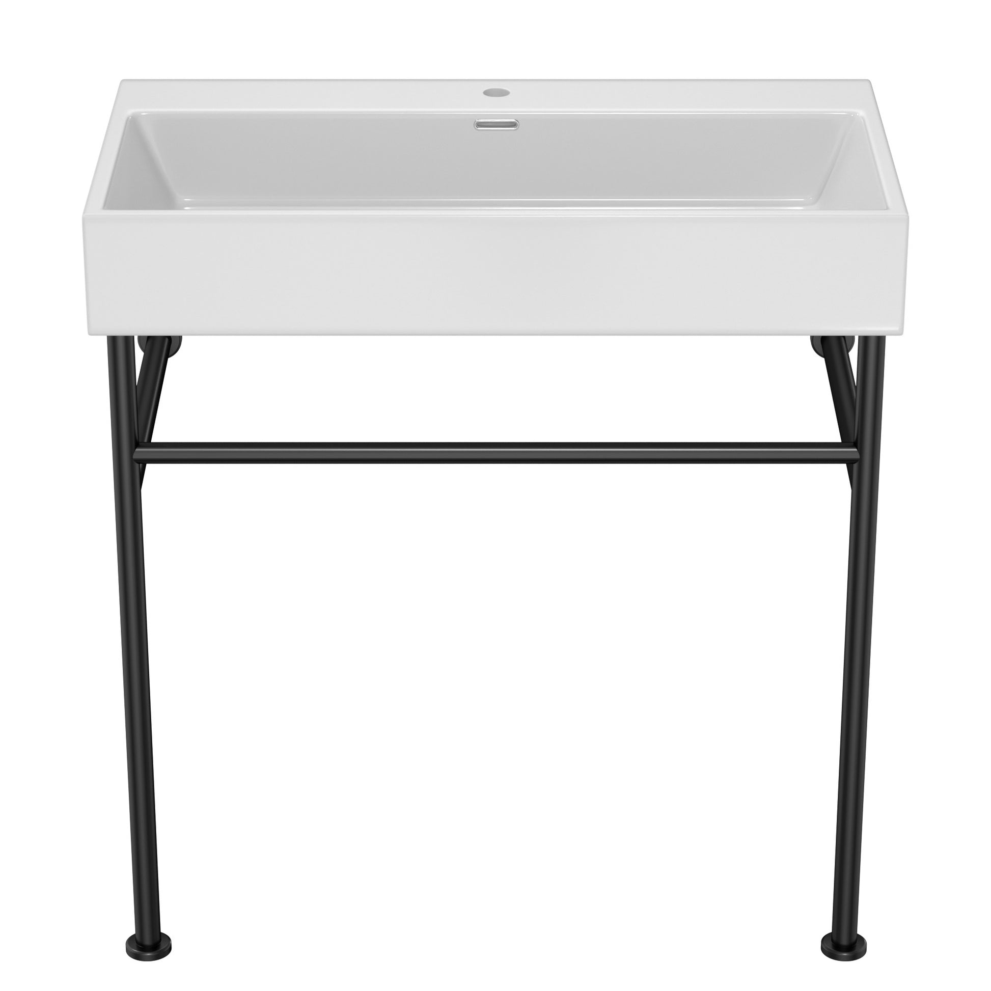 30" Bathroom Console Sink With Overflow,Ceramic Console Sink White Basin Black Legs White Ceramic