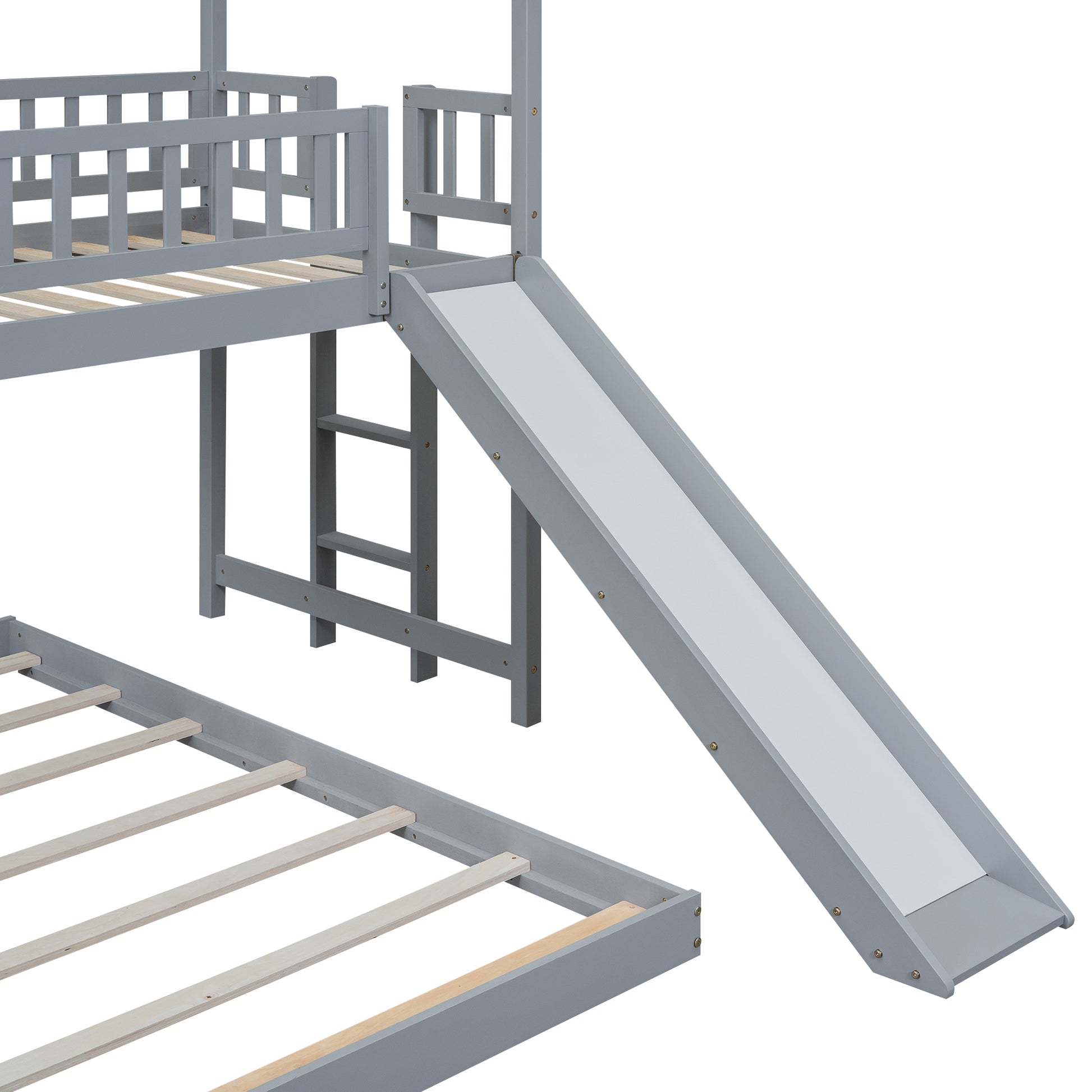 Twin Over Full House Bunk Bed With Slide And Built In Ladder, Full Length Guardrail, Gray Gray Pine