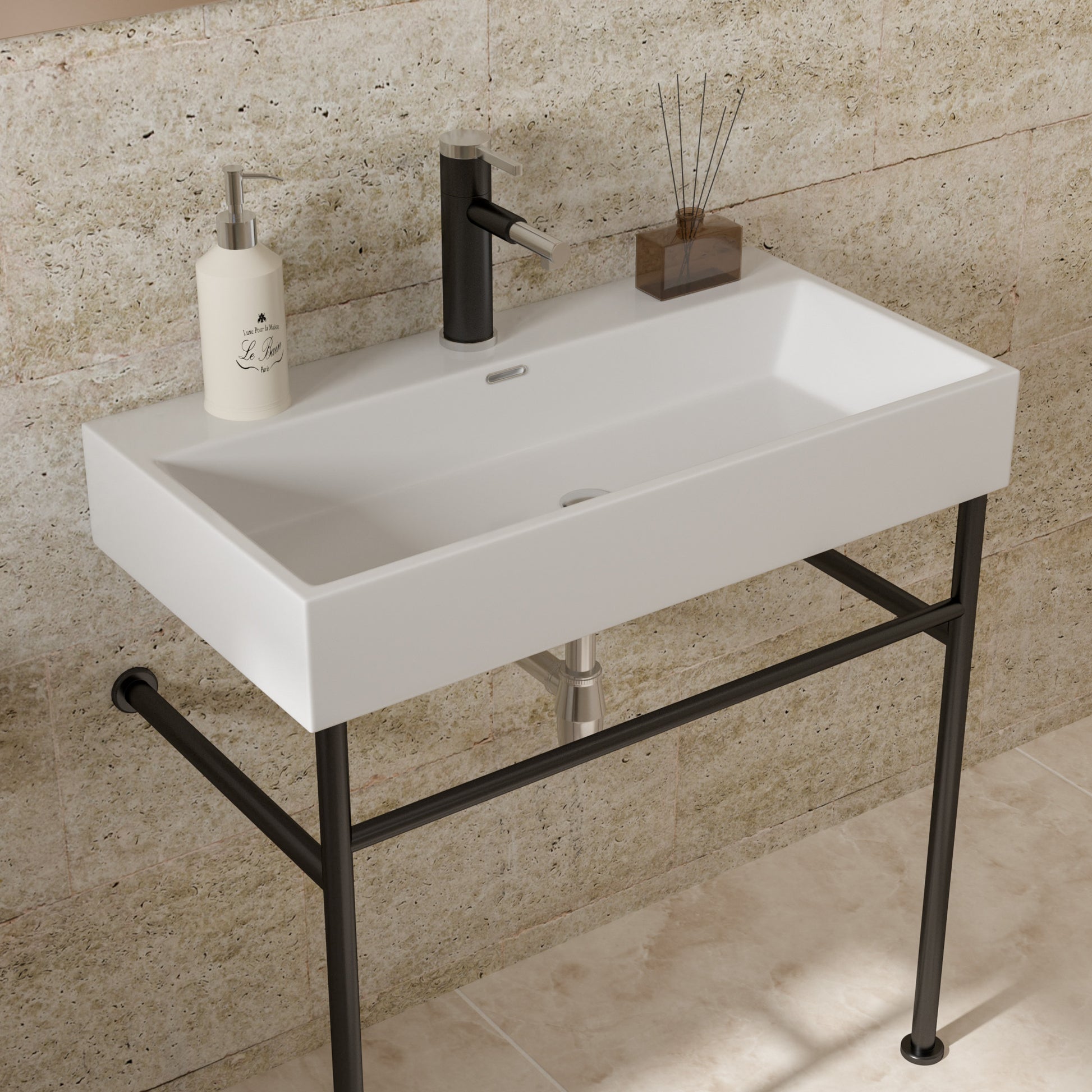 30" Bathroom Console Sink With Overflow,Ceramic Console Sink White Basin Black Legs White Ceramic