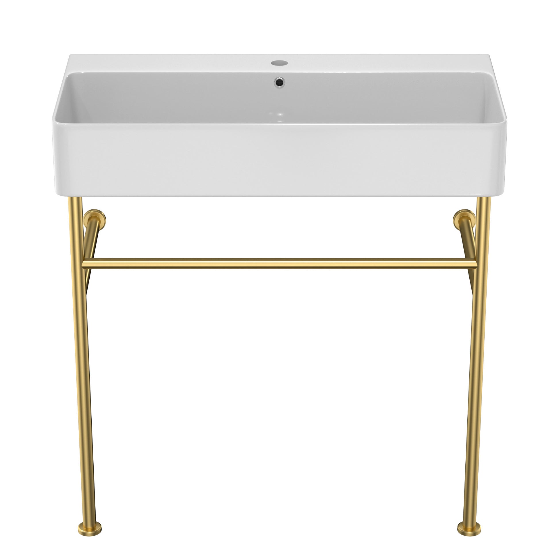 32" Bathroom Console Sink With Overflow,Ceramic Console Sink White Basin Gold Legs White Ceramic