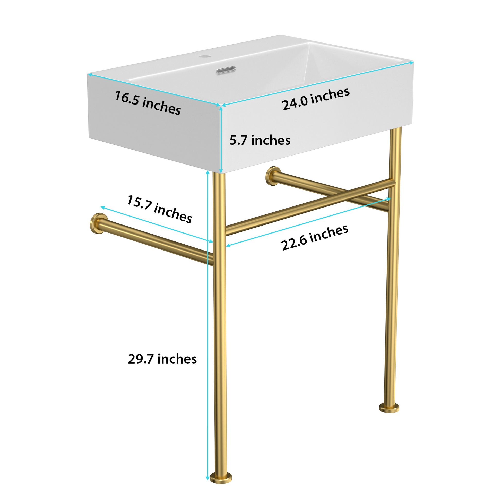 24" Bathroom Console Sink With Overflow,Ceramic Console Sink White Basin Gold Legs White Ceramic