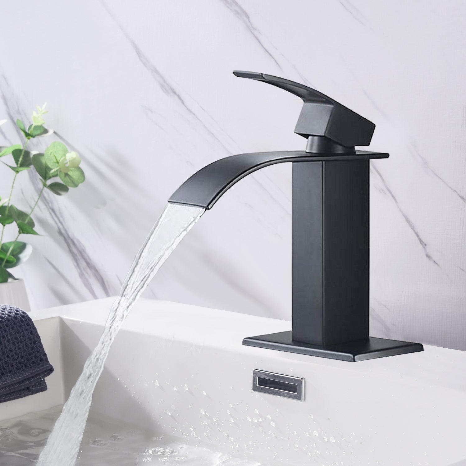 Waterfall Spout Bathroom Faucet,Single Handle Bathroom Vanity Sink Faucet Matte Black Stainless Steel