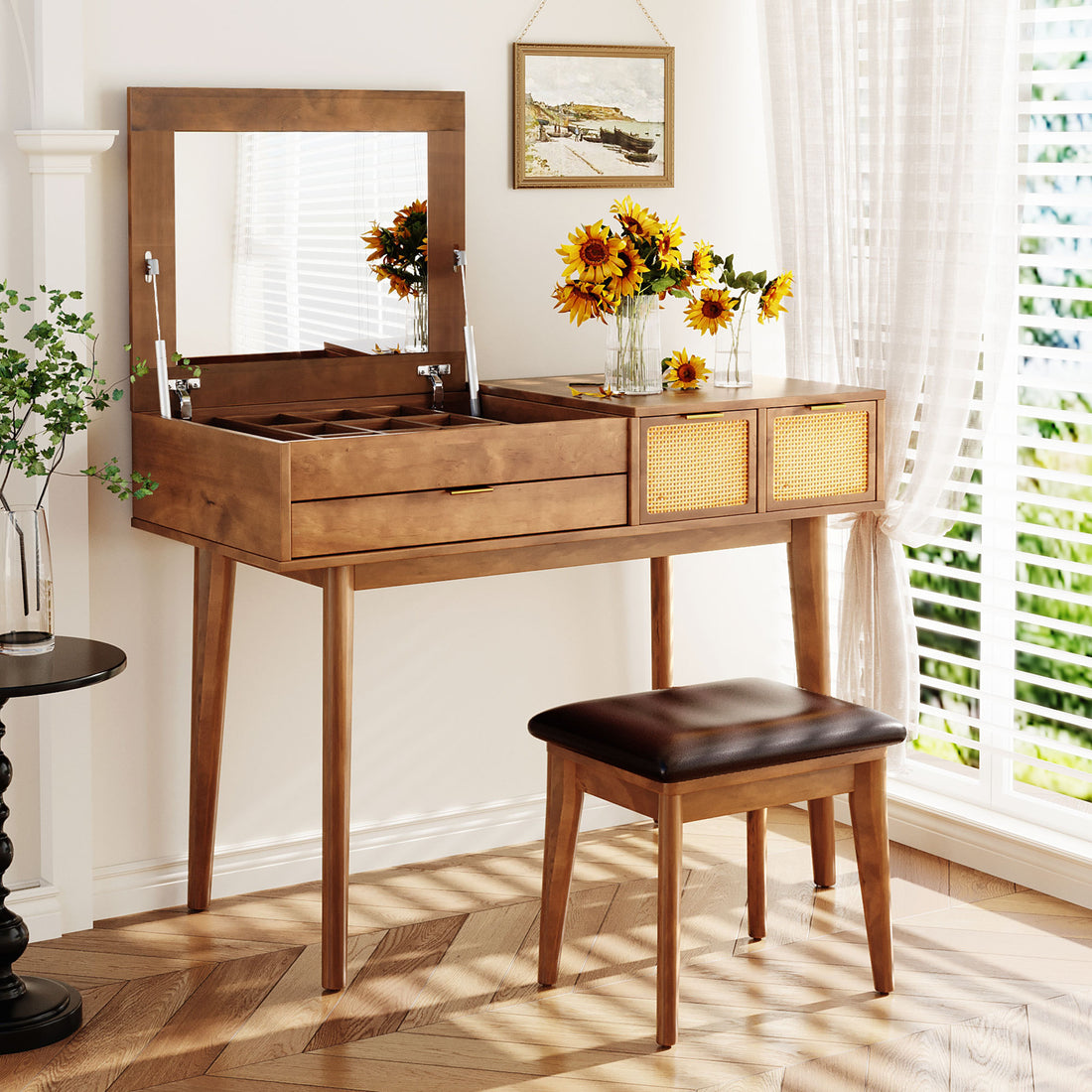 43.3" Classic Wood Makeup Vanity Set With Flip Top Mirror And Stool, Dressing Table With Three Drawers And Storage Space, Brown Brown Solid Wood Mdf