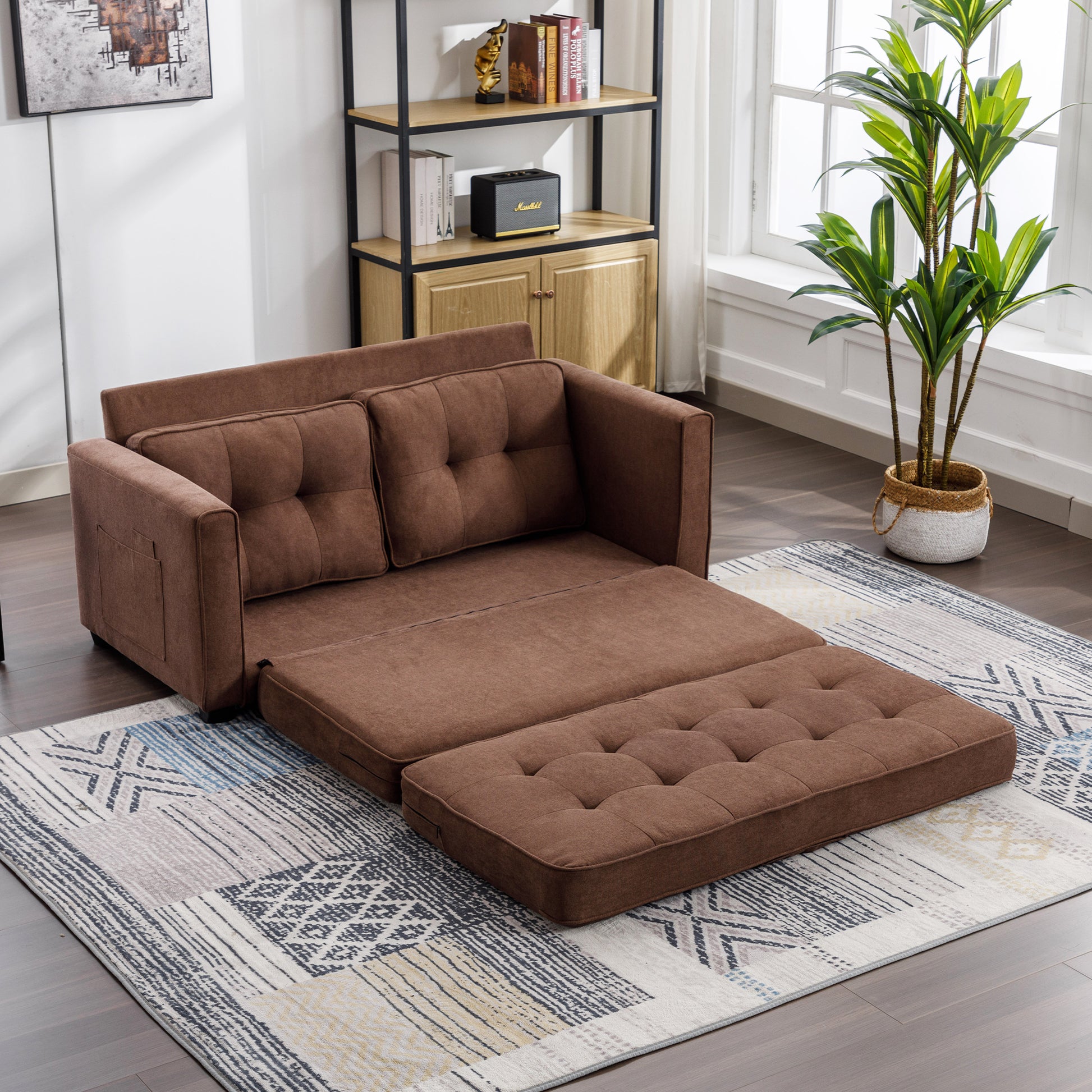 59.4" Loveseat Sofa With Pull Out Bed Modern Upholstered Couch With Side Pocket For Living Room Office, Brown Brown Chenille