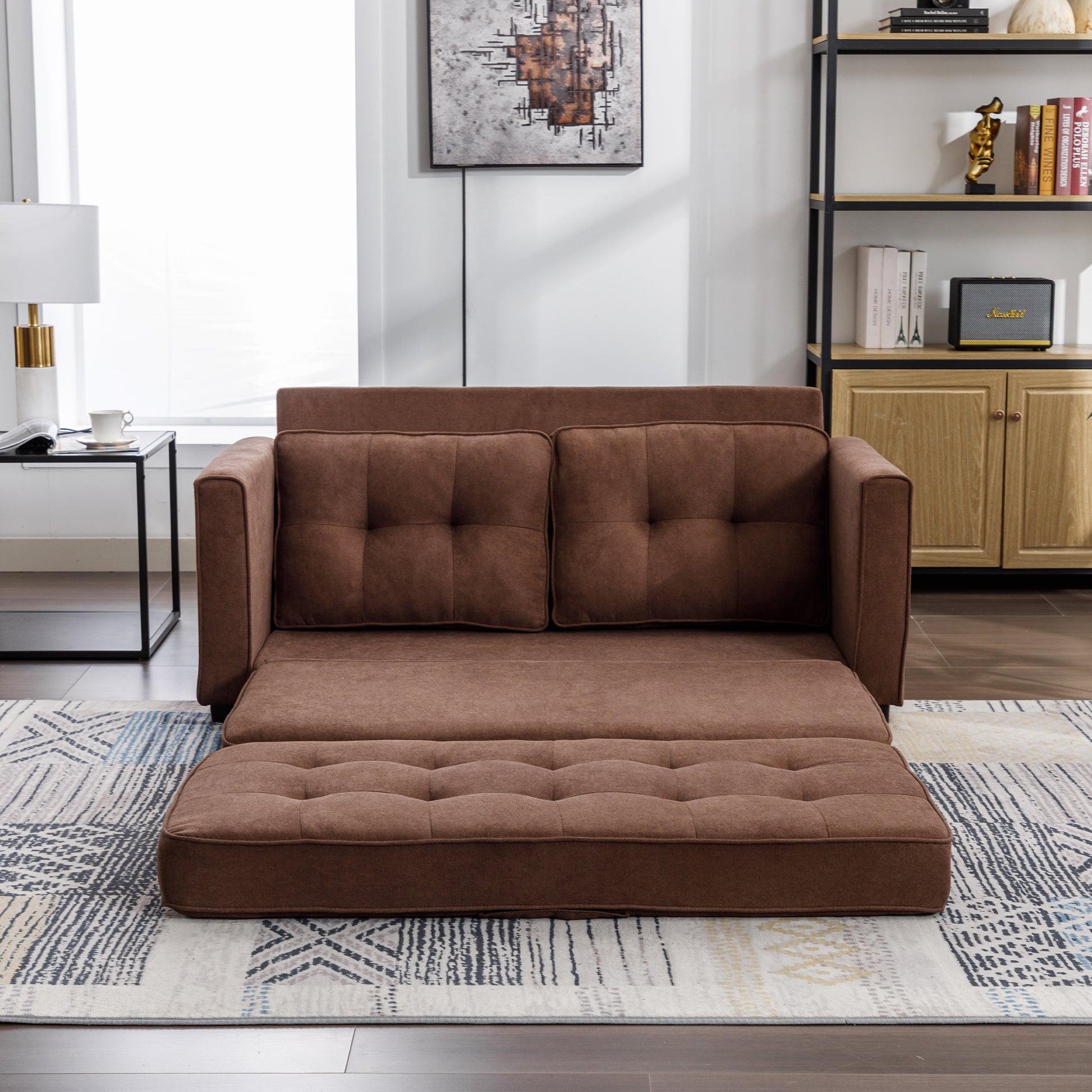 59.4" Loveseat Sofa With Pull Out Bed Modern Upholstered Couch With Side Pocket For Living Room Office, Brown Brown Chenille