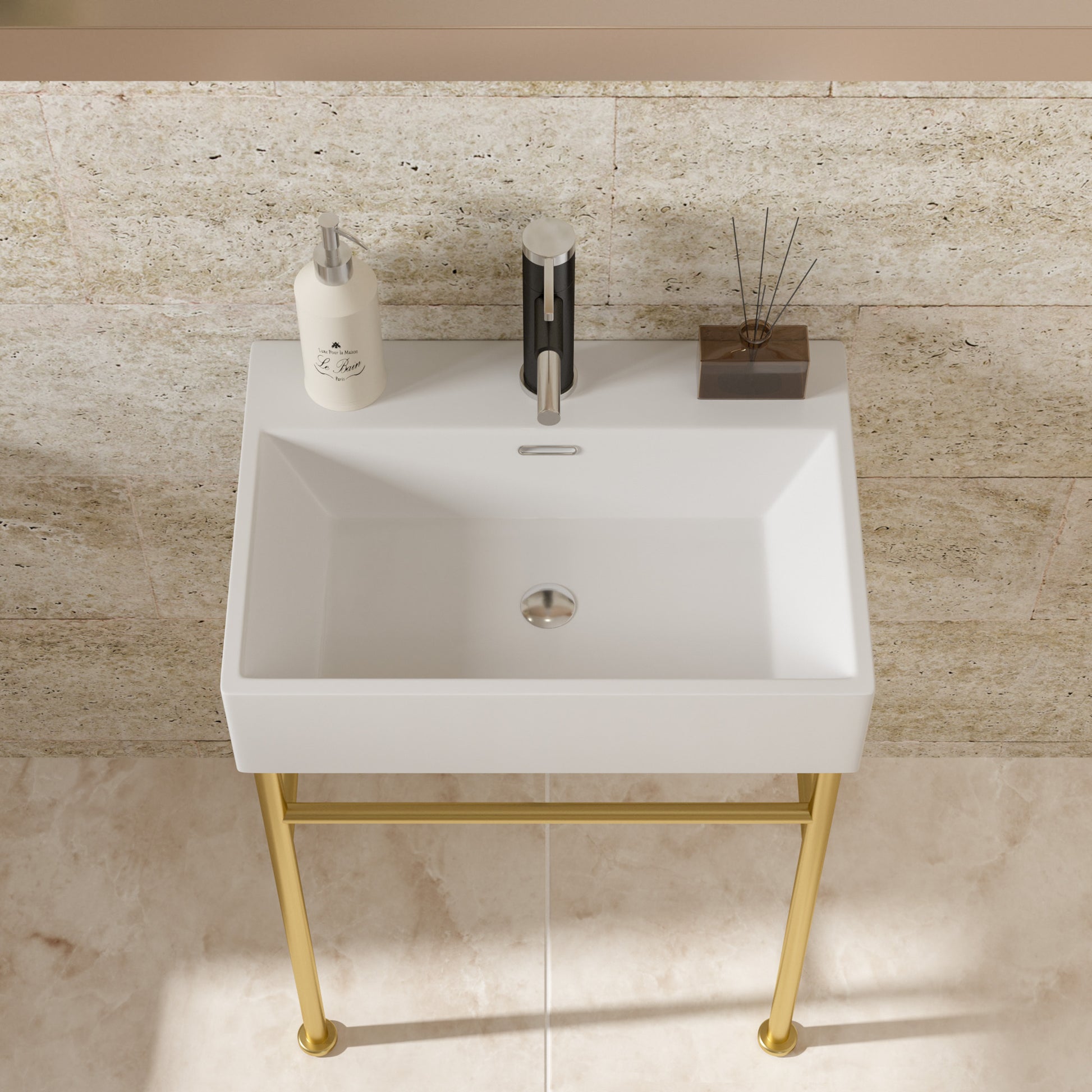 24" Bathroom Console Sink With Overflow,Ceramic Console Sink White Basin Gold Legs White Ceramic