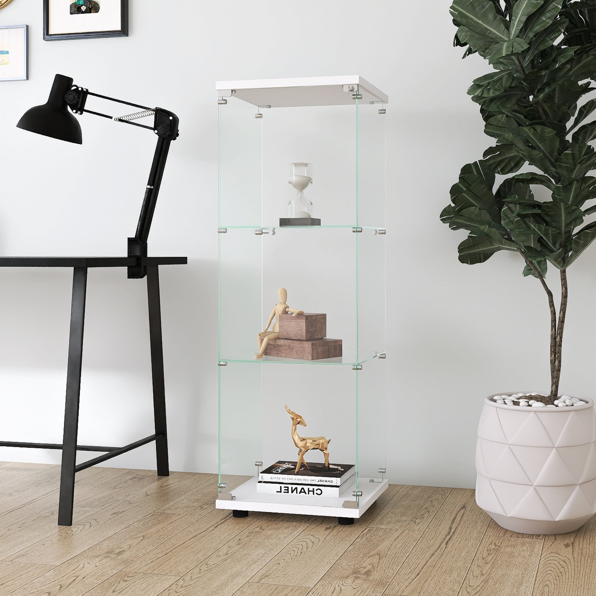 Glass Display Cabinet With 3 Shelves, One Door Curio Cabinets For Living Room, Bedroom, Office, White Floor Standing Glass Bookshelf, Quick Installation White Glass