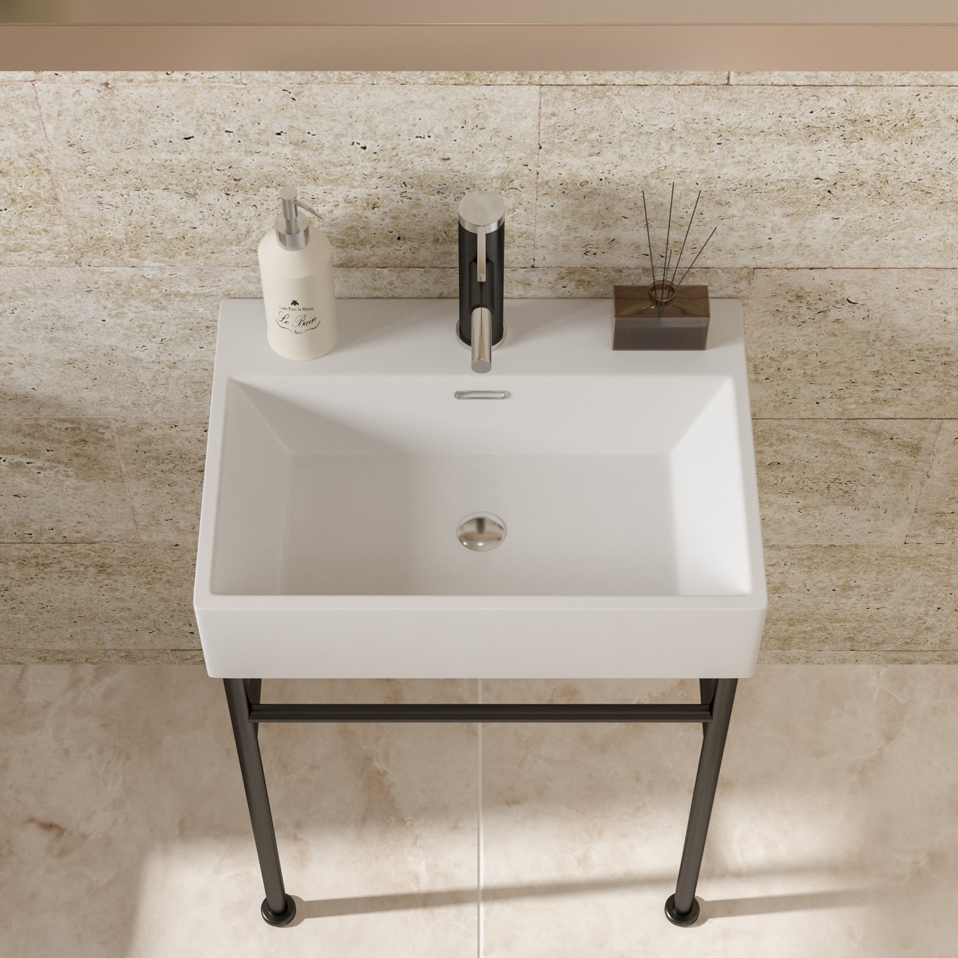 24" Bathroom Console Sink With Overflow,Ceramic Console Sink White Basin Black Legs White Ceramic