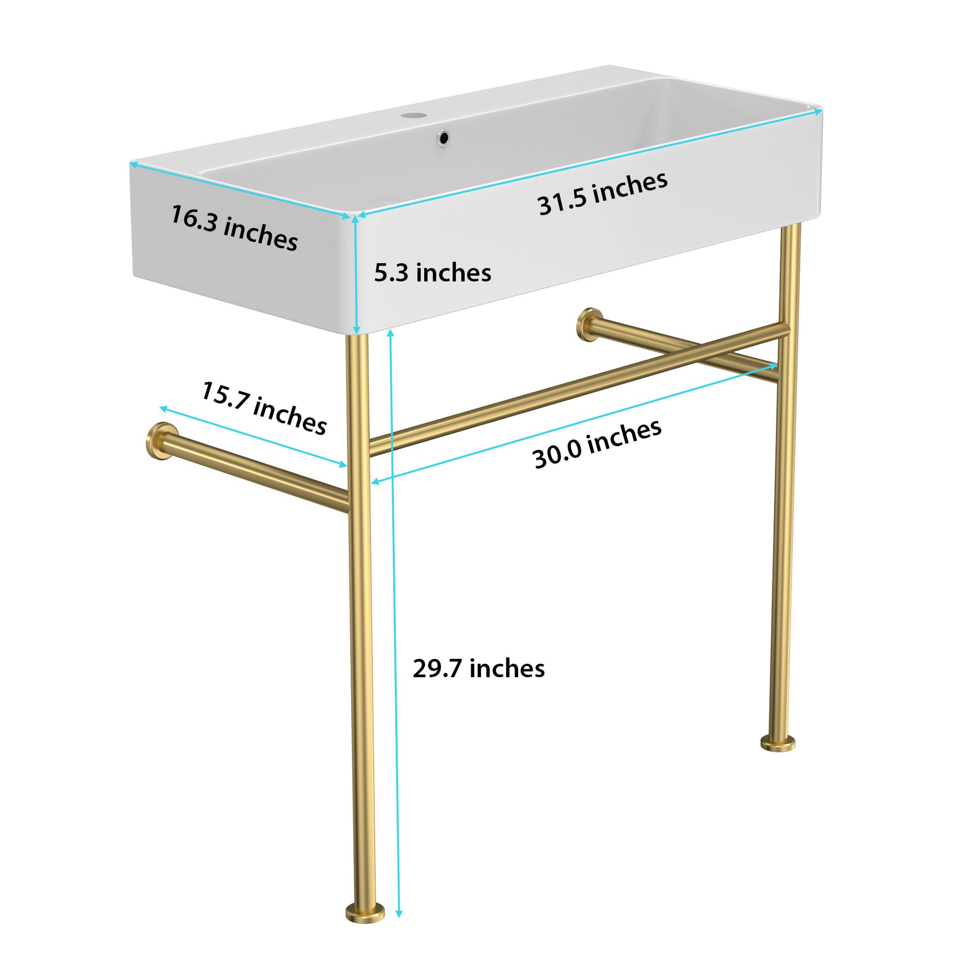 32" Bathroom Console Sink With Overflow,Ceramic Console Sink White Basin Gold Legs White Ceramic