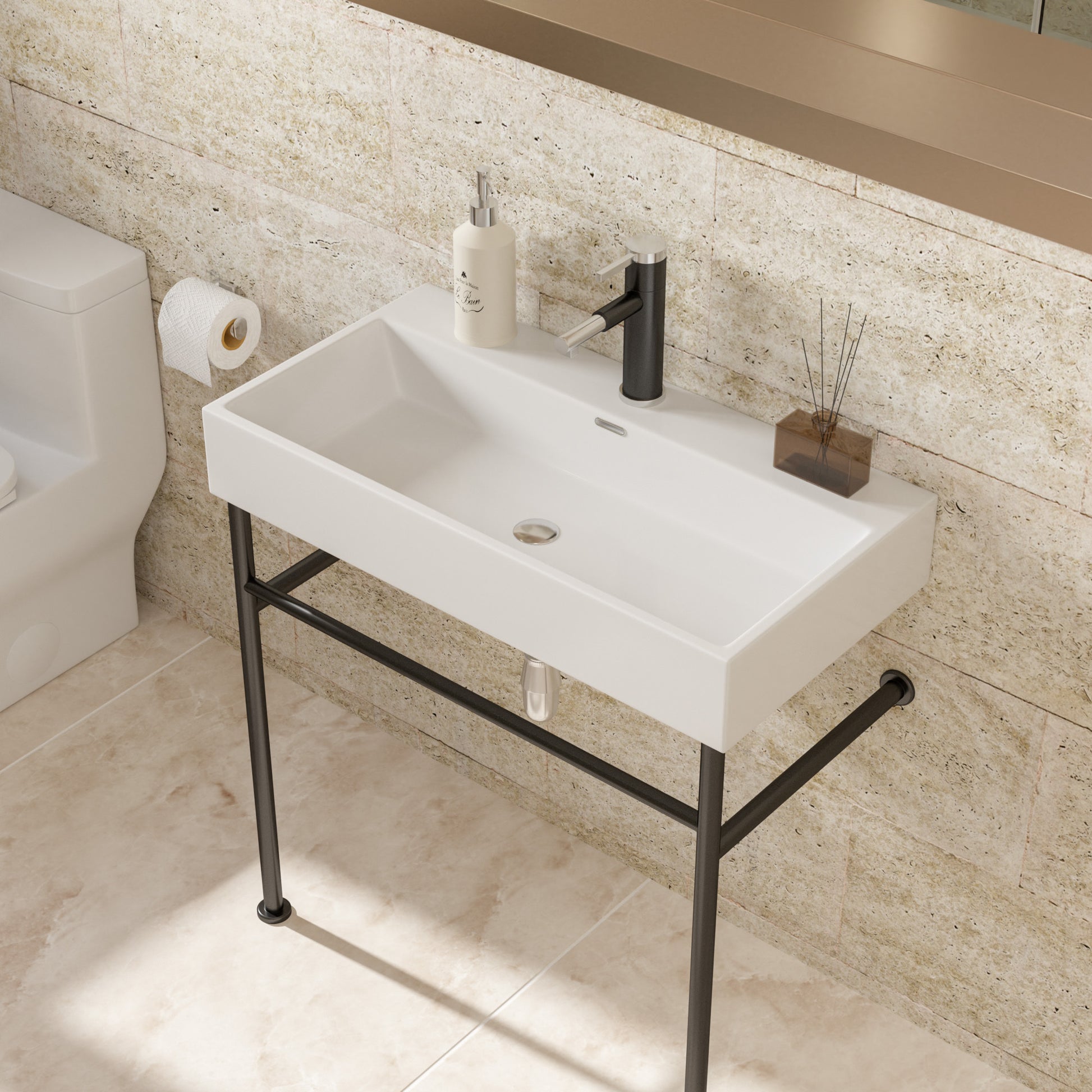 30" Bathroom Console Sink With Overflow,Ceramic Console Sink White Basin Black Legs White Ceramic