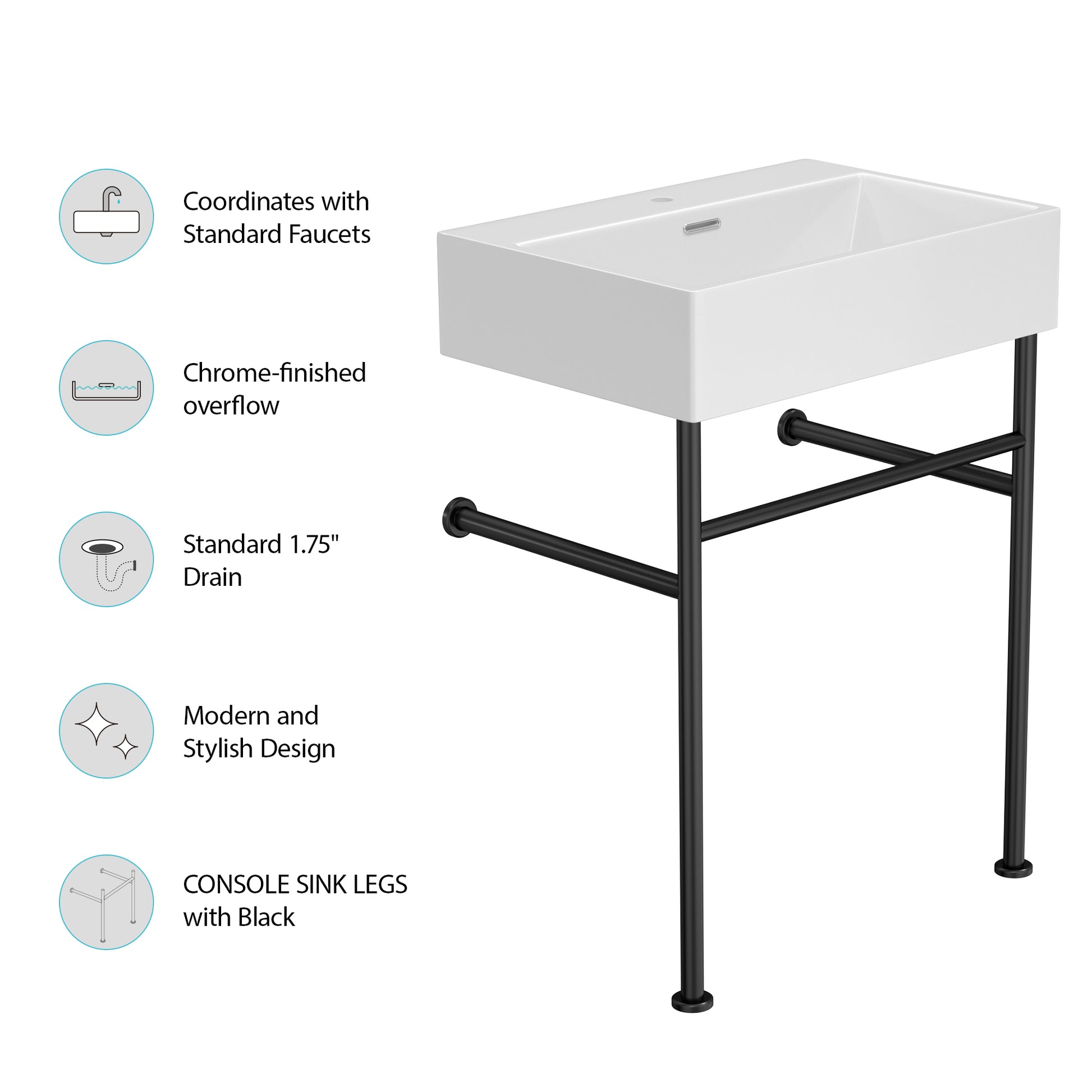 24" Bathroom Console Sink With Overflow,Ceramic Console Sink White Basin Black Legs White Ceramic