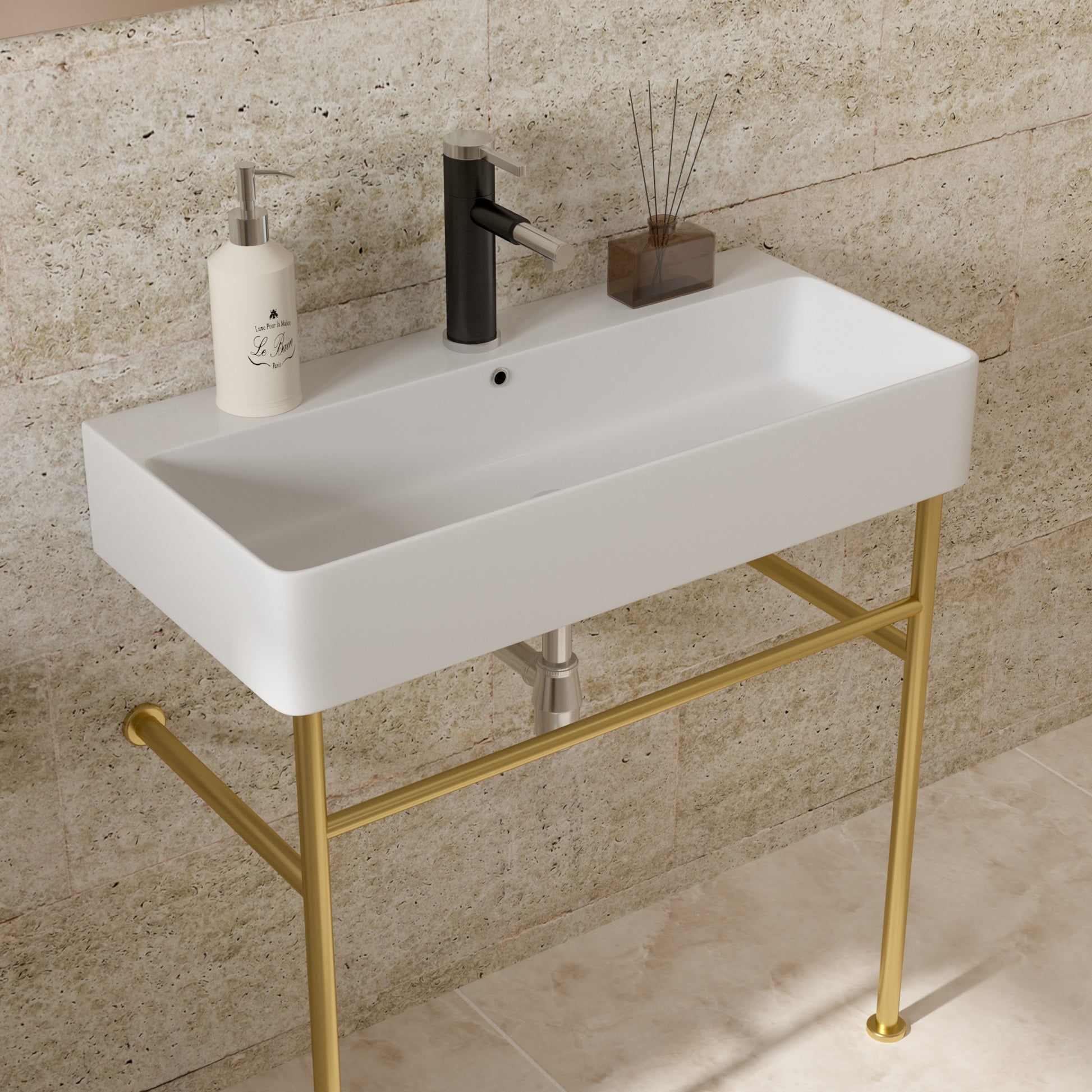 35" Bathroom Console Sink With Overflow,Ceramic Console Sink White Basin Gold Legs White Ceramic